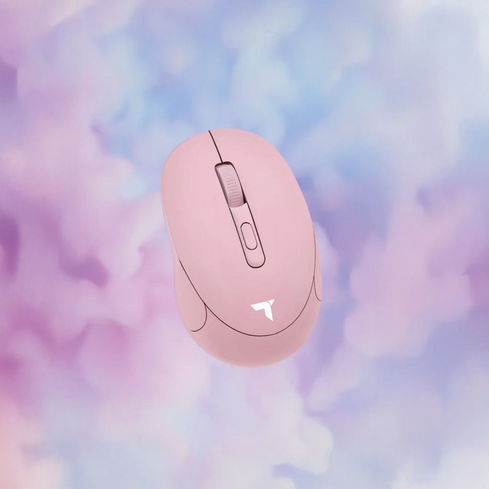 Pembe bir bilgisayar faresi, pastel, bulutsu bir arka plan üzerinde süzülüyor.