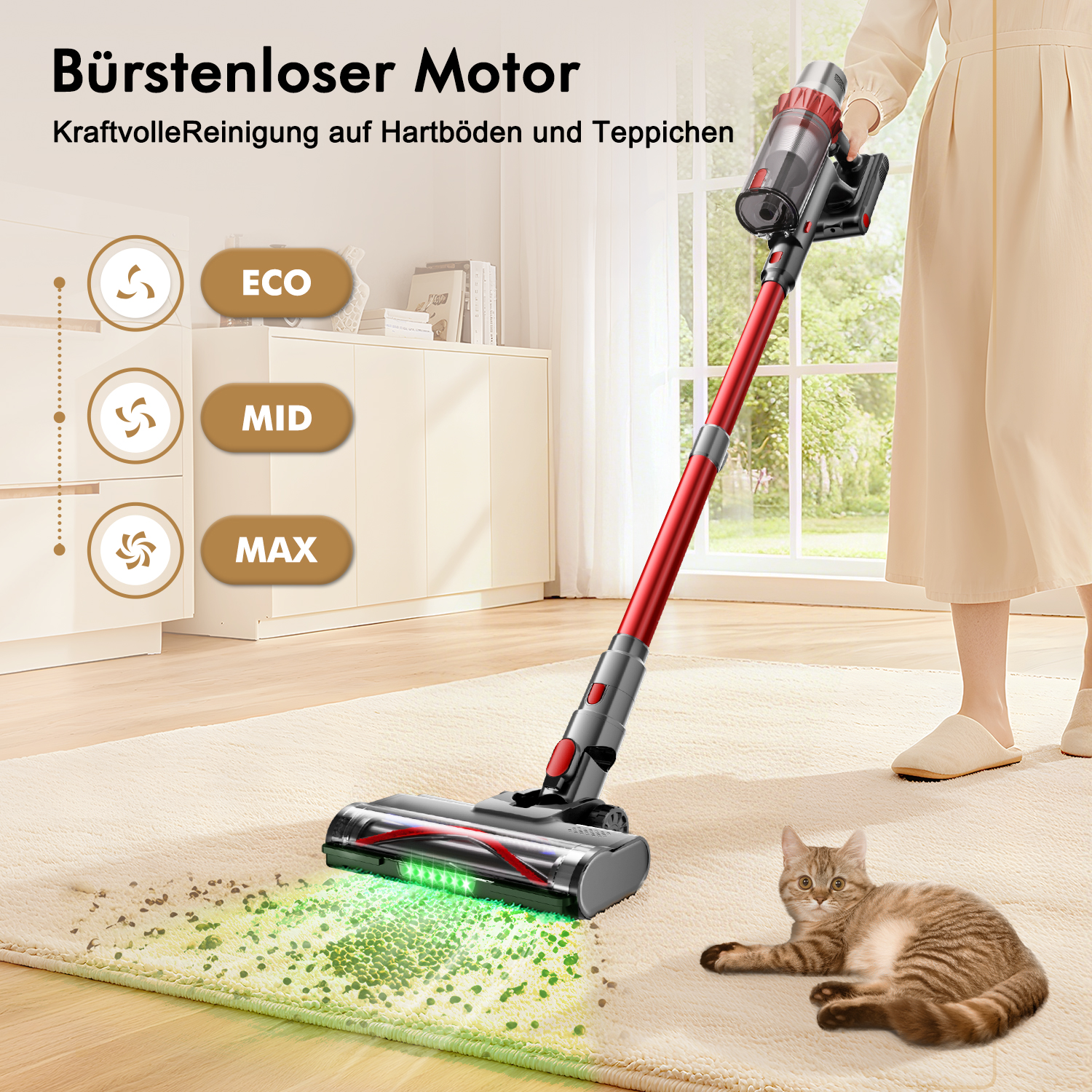 Ein Staubsauger reinigt einen Teppich, eine Katze liegt daneben.