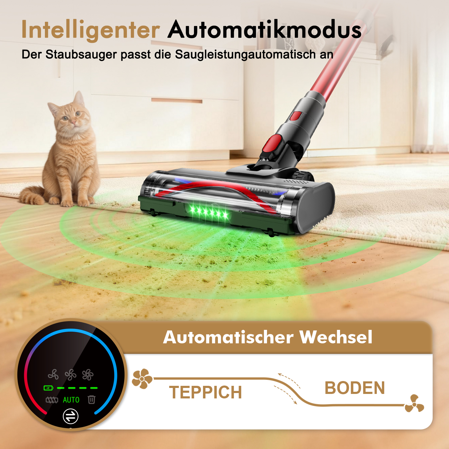 Ein Staubsauger reinigt Teppich und Boden, mit Anzeige für Automatikmodus.