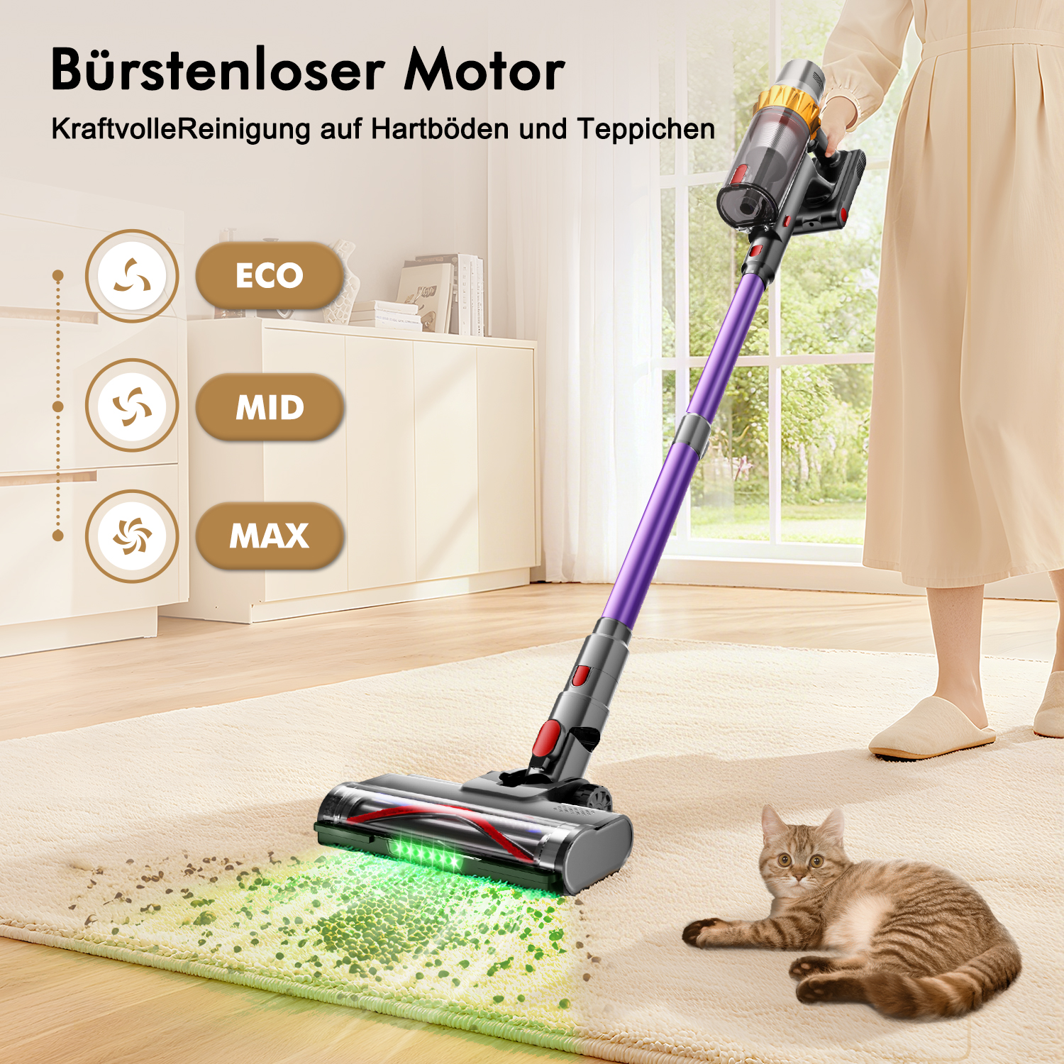 Staubsauger mit drei Modi (ECO, MID, MAX) reinigt Teppich. Katze liegt daneben.