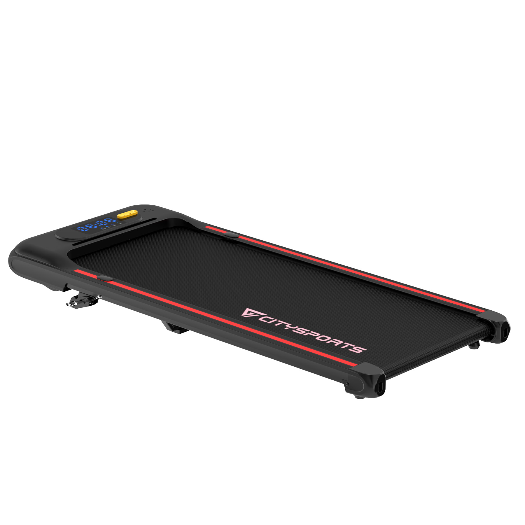 Schwarzer Laufband mit roten Akzenten und digitaler Anzeige.