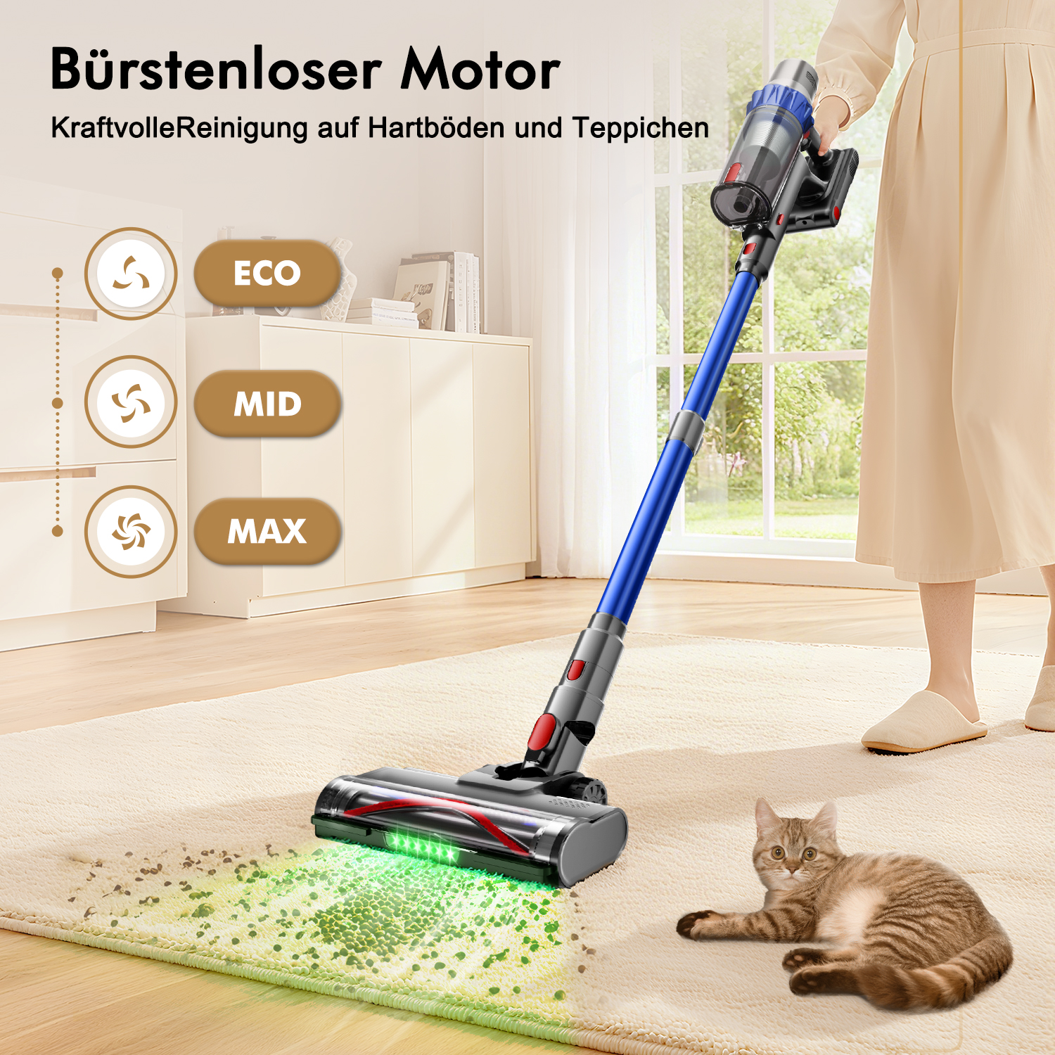 Ein Staubsauger reinigt einen Teppich, während eine Katze daneben liegt.