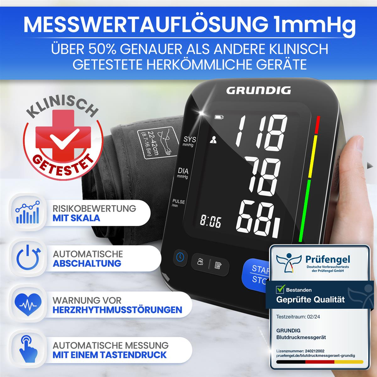 Ein Grundig Blutdruckmessgerät mit Manschette und Prüfengel-Siegel. Angezeigte Werte: 118/78/68.