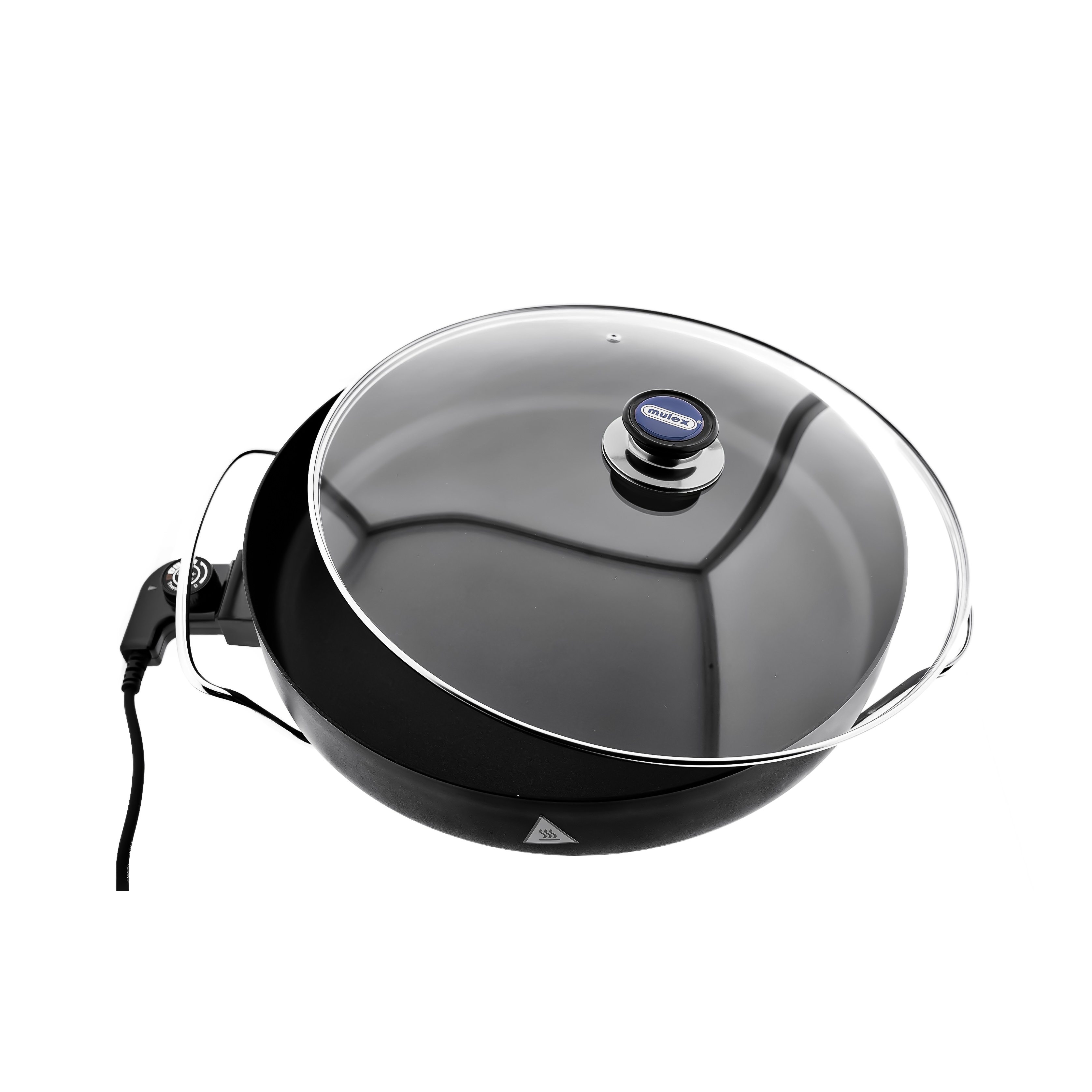 Eine schwarze Elektro-Pfanne mit Glasdeckel und silbernem Griff.