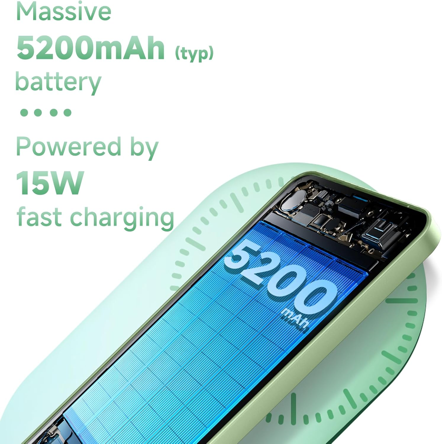 Ein Smartphone-Akku mit 5200 mAh und 15W Schnellladung.