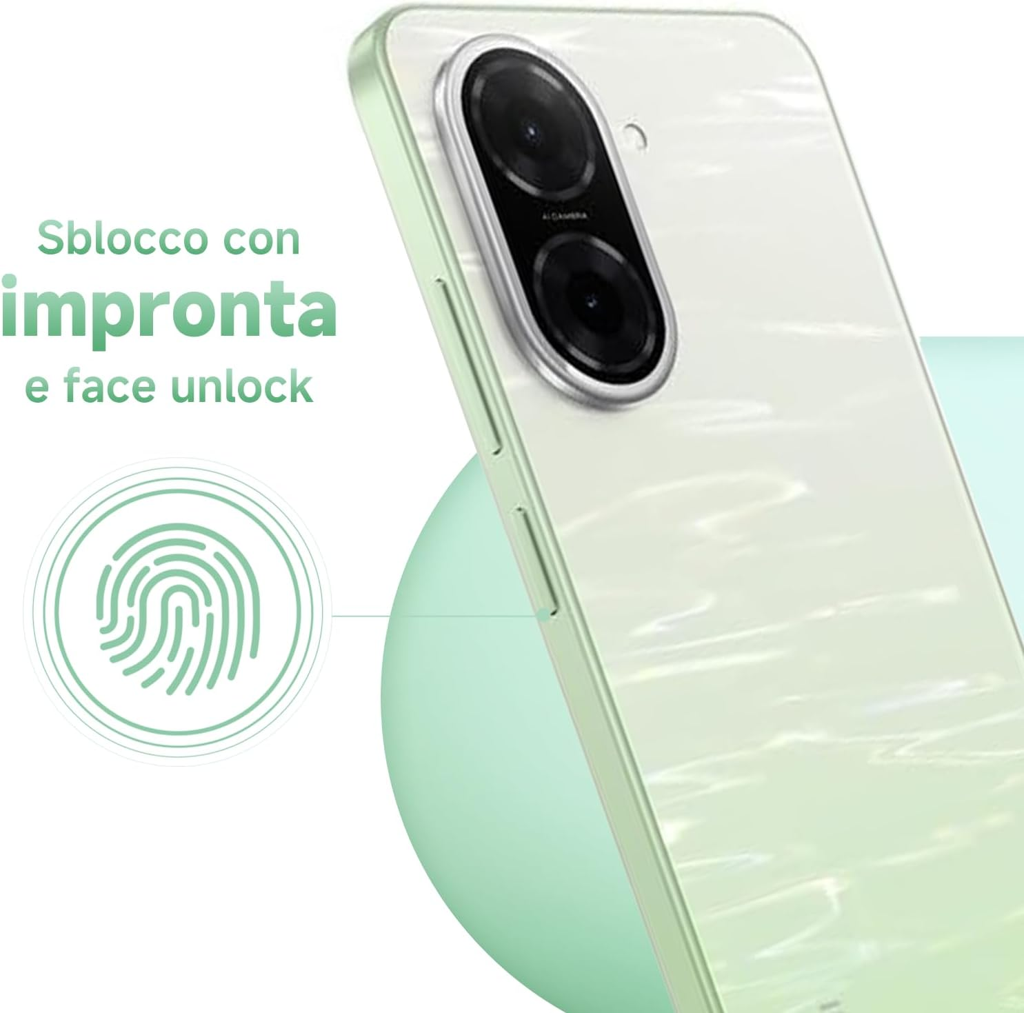 Ein Handy mit Fingerabdruck- und Gesichtserkennung im hellgrünen Design.