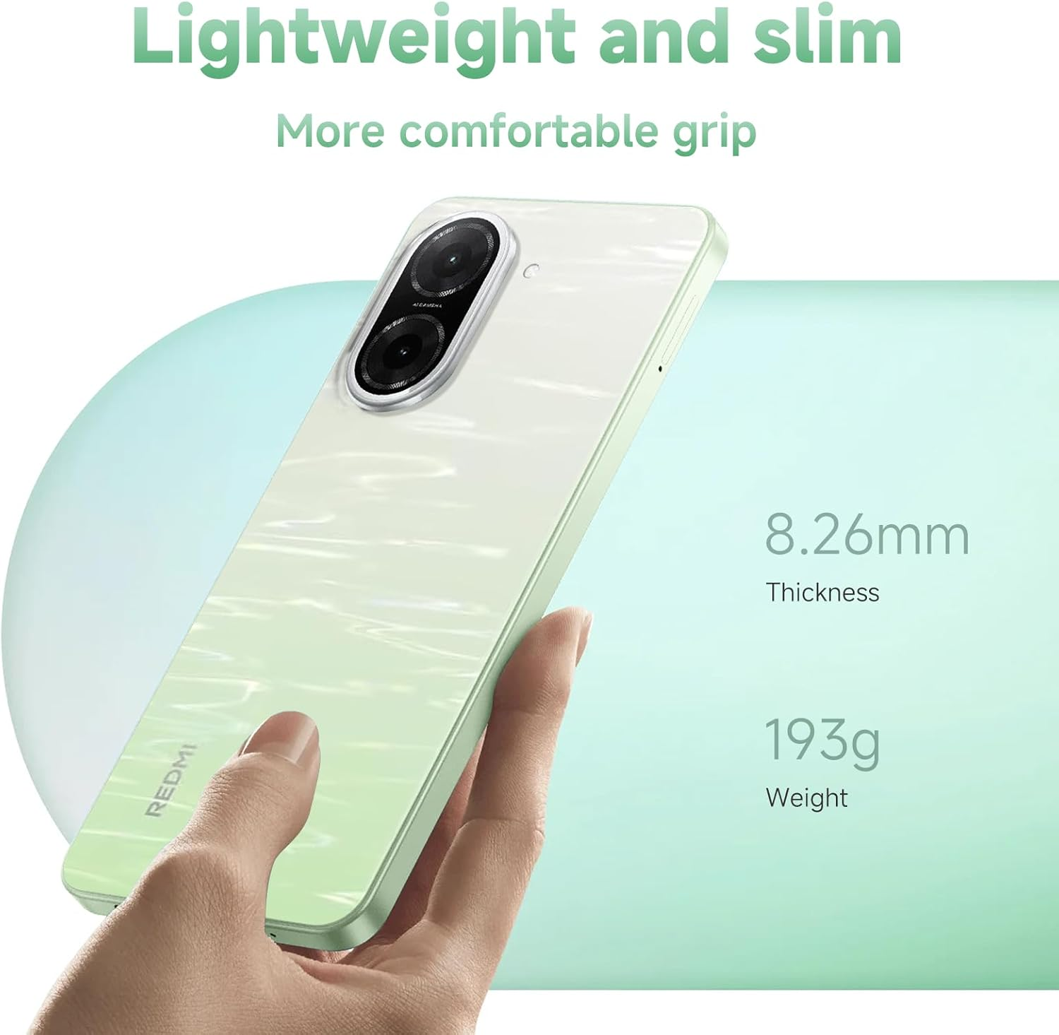 Grünes Handy mit zwei Kameras, gehalten in einer Hand. Dünn und leicht.