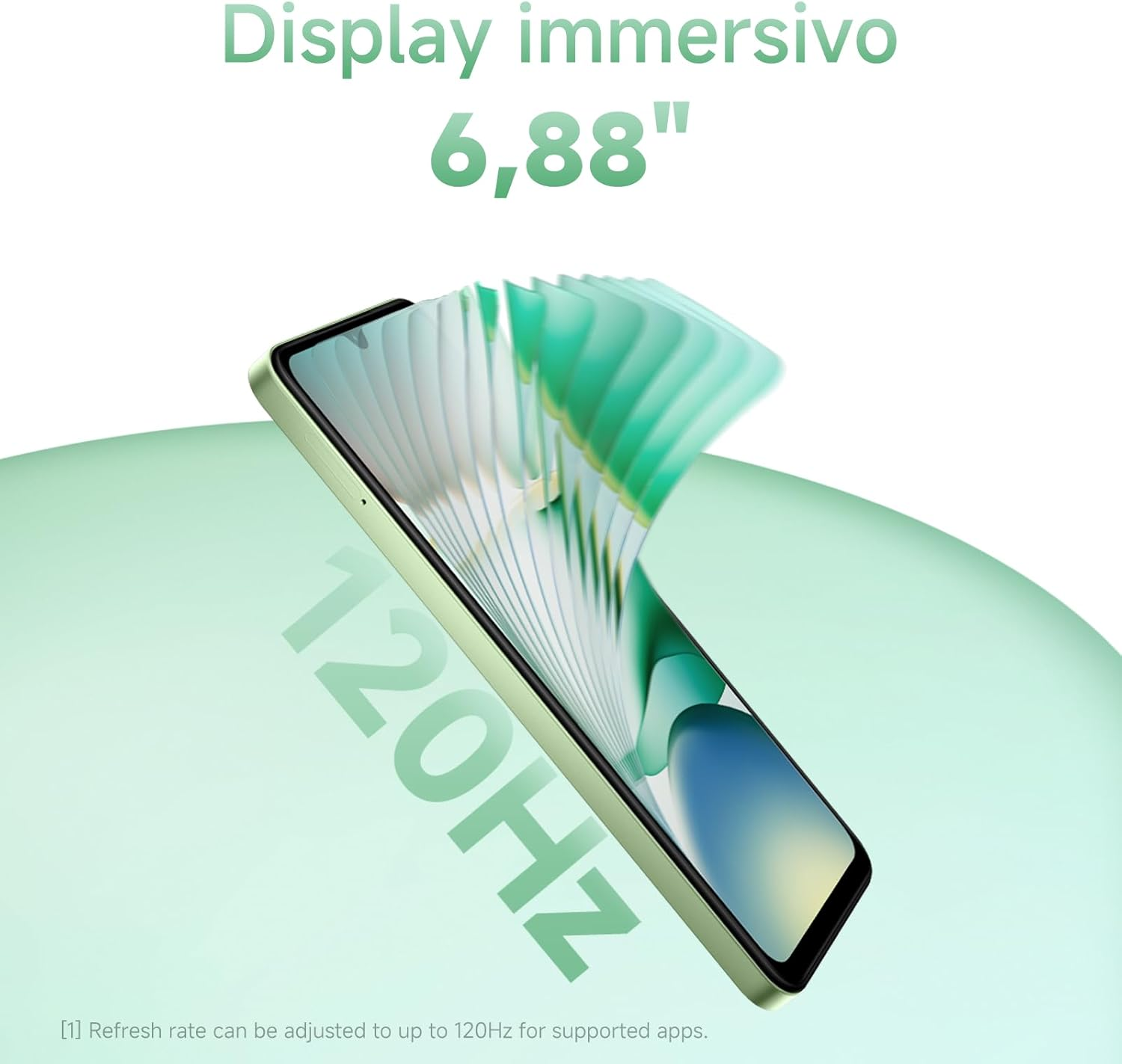 Grünes Smartphone mit 6,88 Zoll Display und 120Hz. Grafische Elemente.