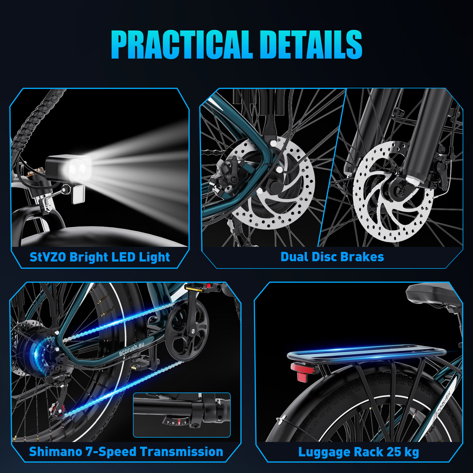 E-bike details: LED light, disc brakes, 7-speed gears, luggage rack, 25 kg capacity.