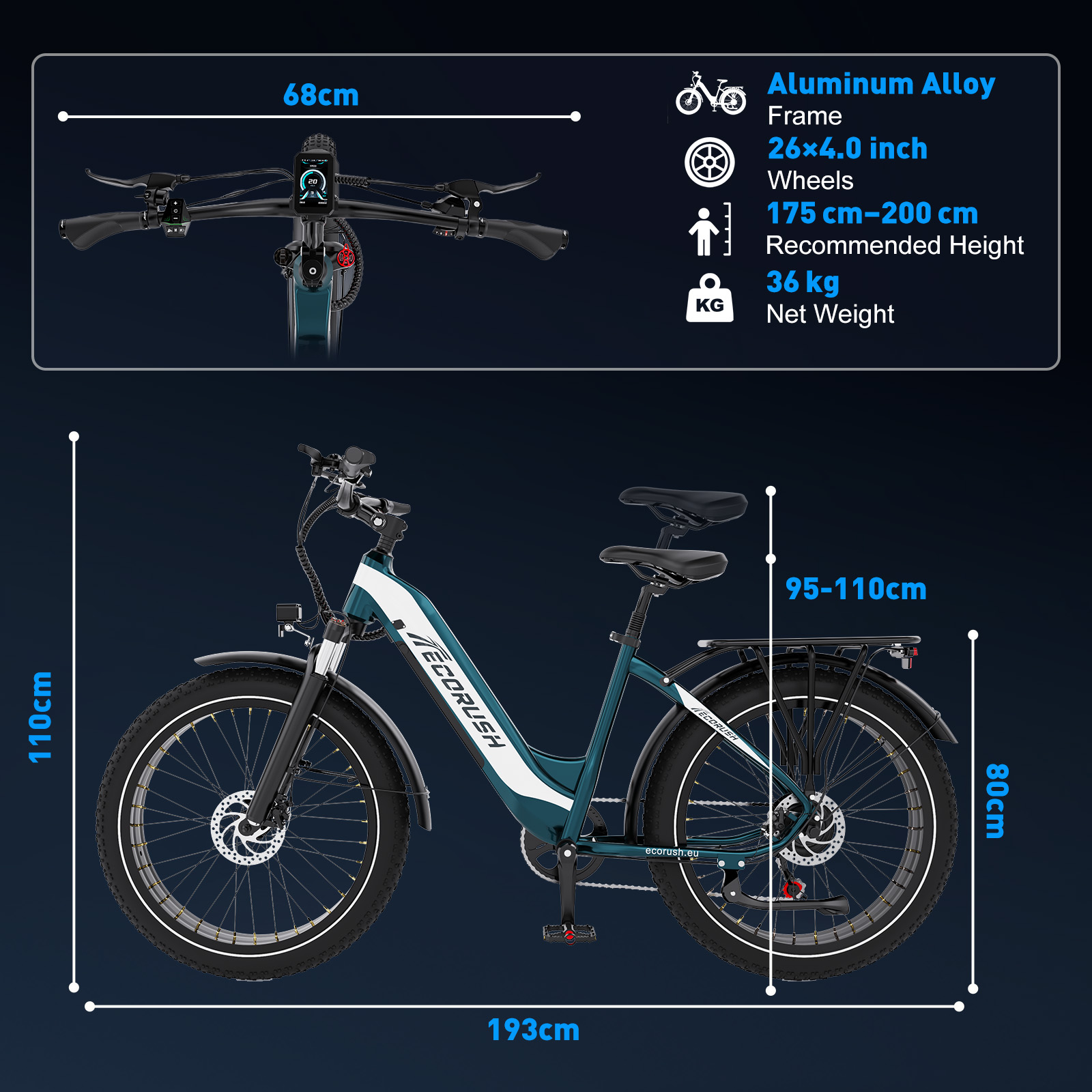A teal e-bike with white accents, 193cm long, 110cm high.