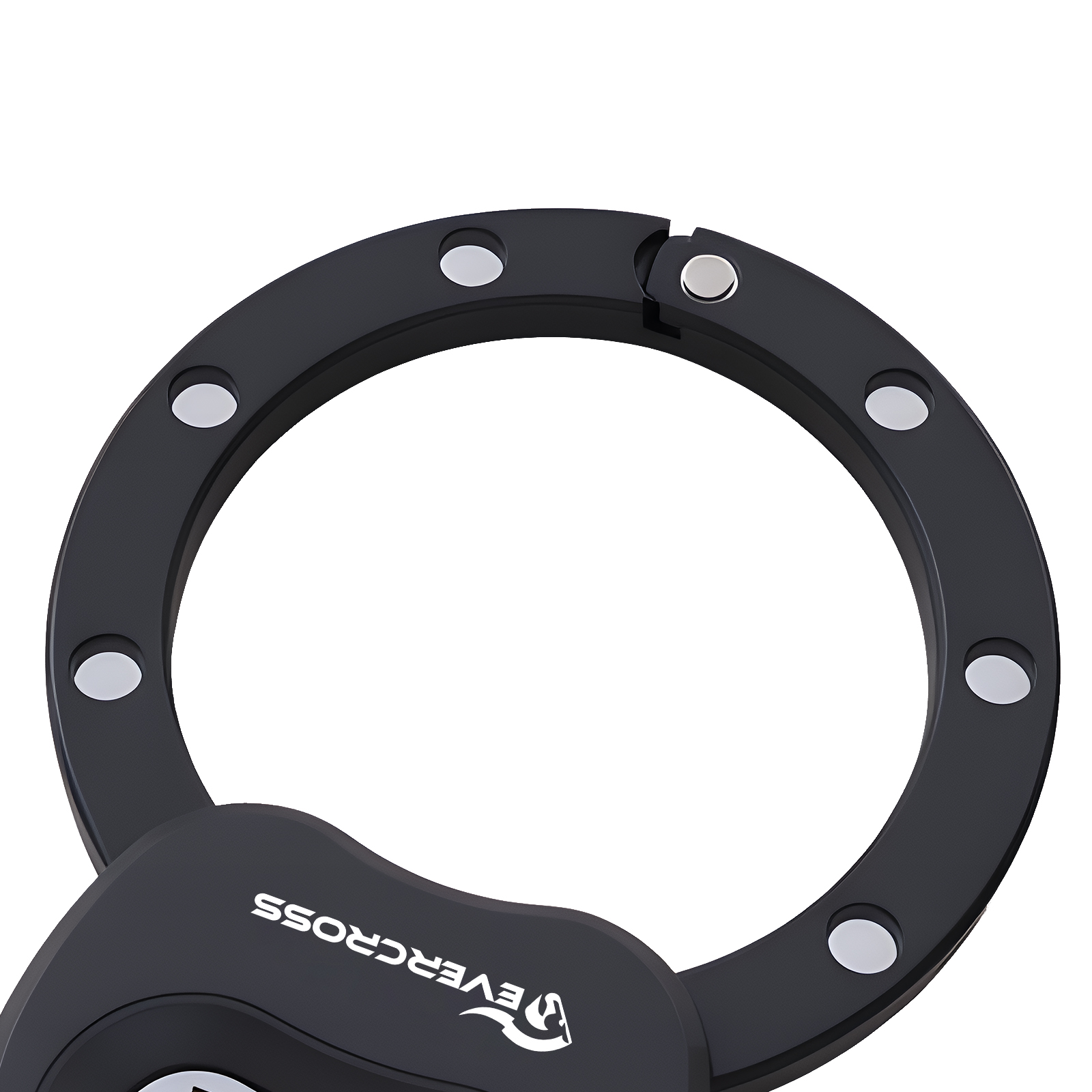 Schwarzer Ring mit silbernen Nieten und EVERCROSS-Logo.