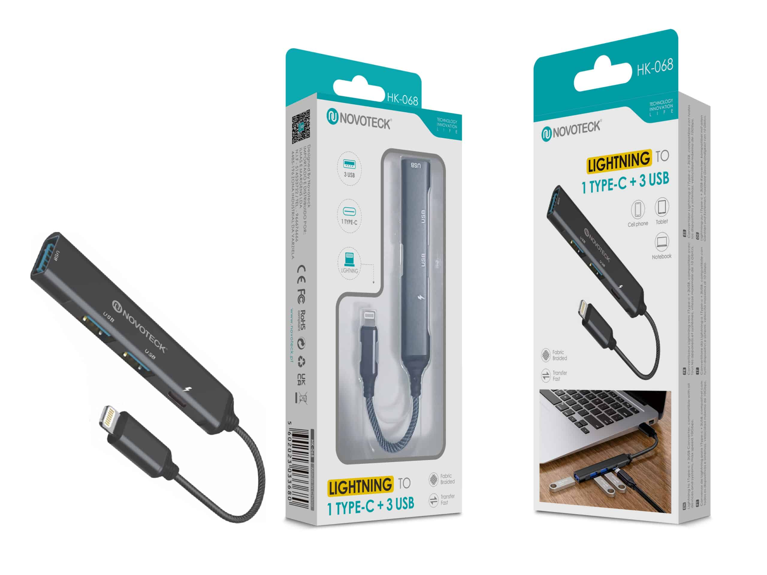 Novoteck Lightning a 1x USB-C e 3x USB Hub.