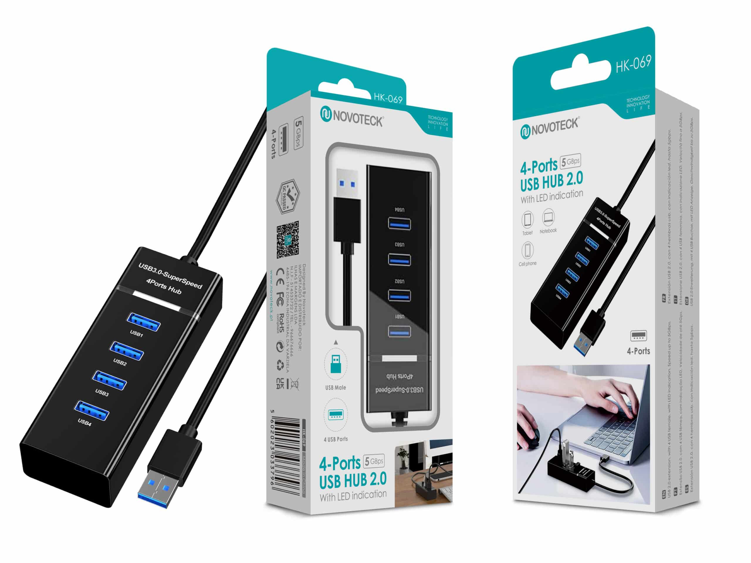 Hub USB 2.0 negro de 4 puertos con puertos azules y cable.