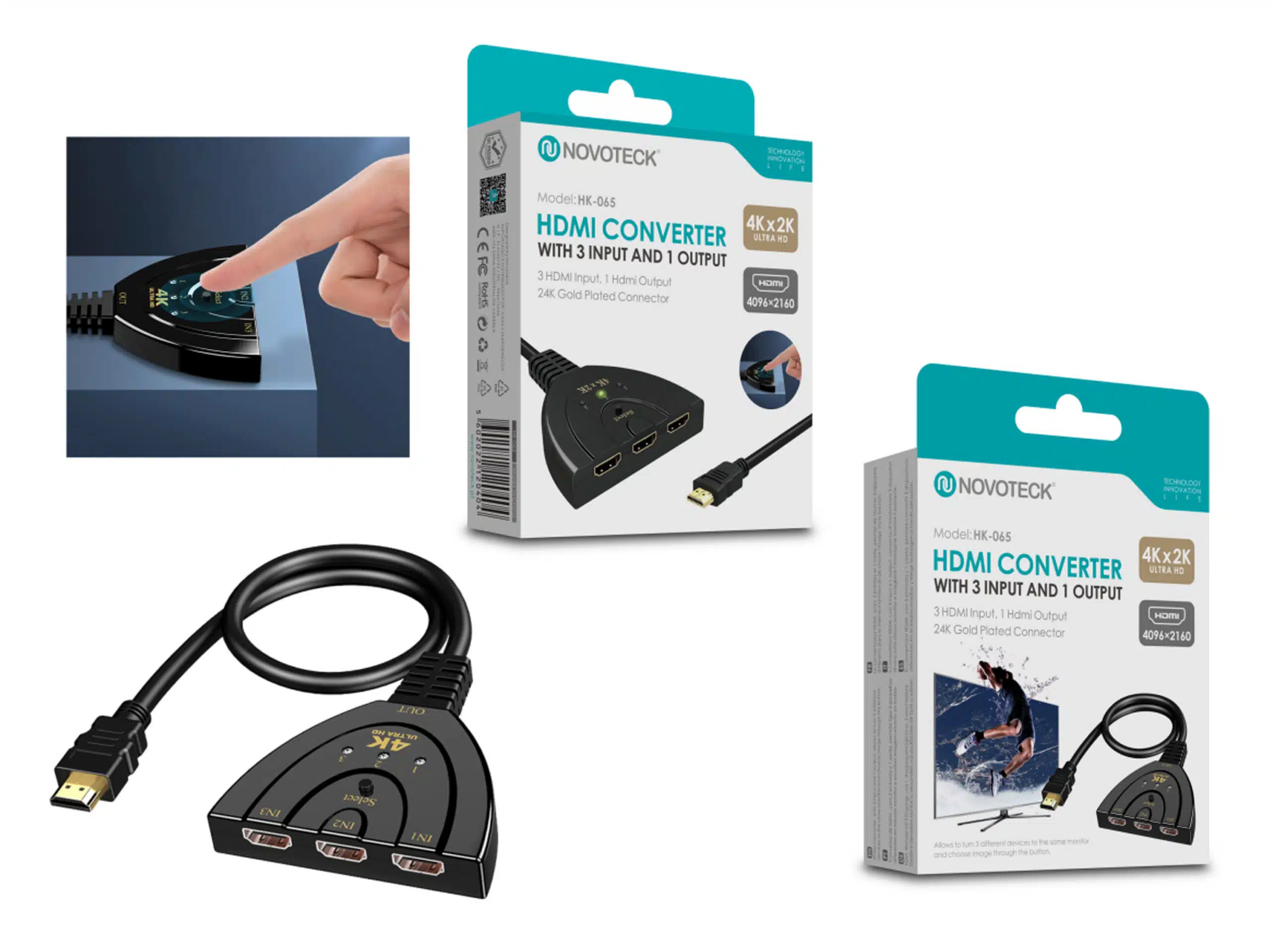 Un divisor HDMI negro con 3 entradas y 1 salida sobre una superficie.