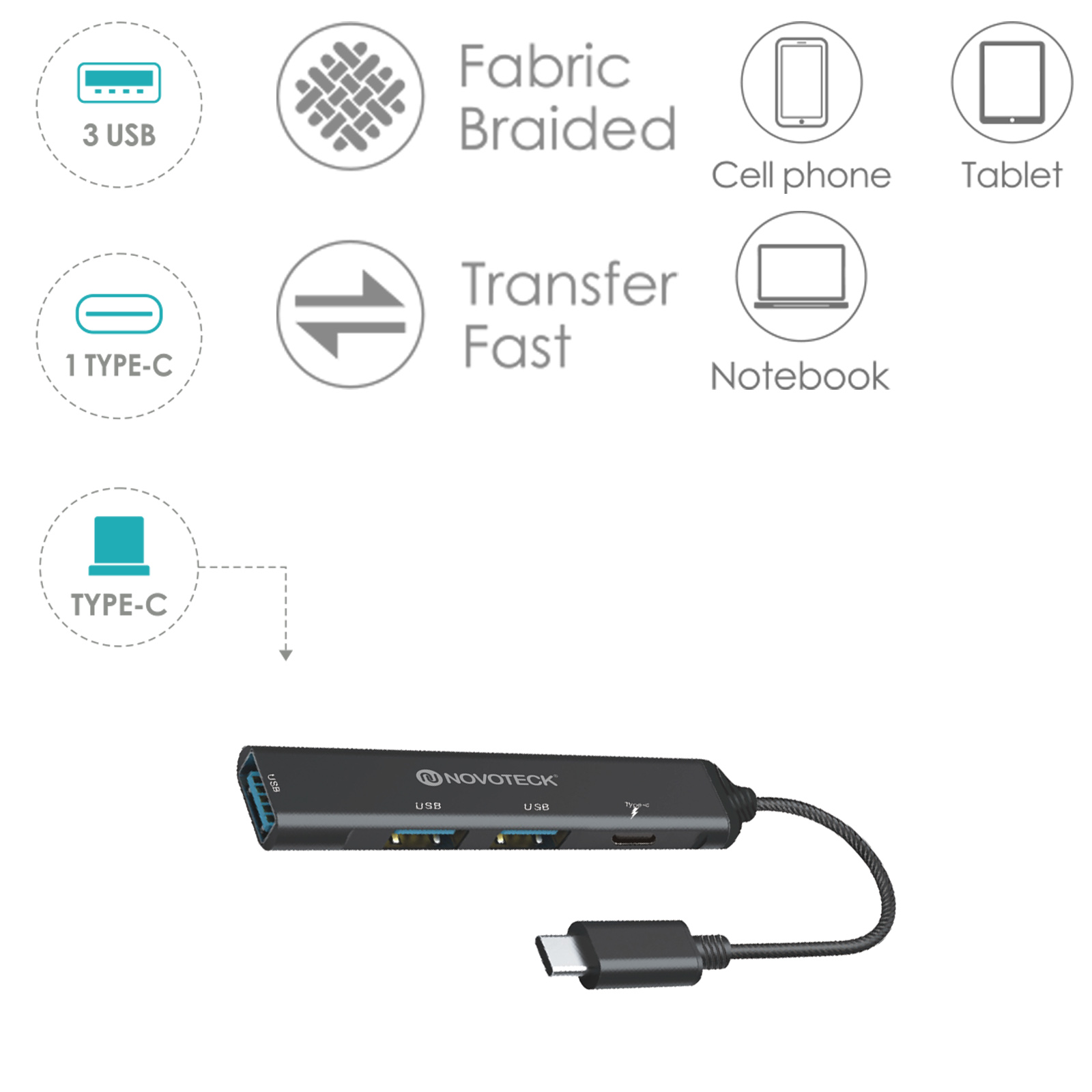 Hub USB-C negro con 3 puertos USB, 1 puerto Tipo-C, transferencia rápida de datos.