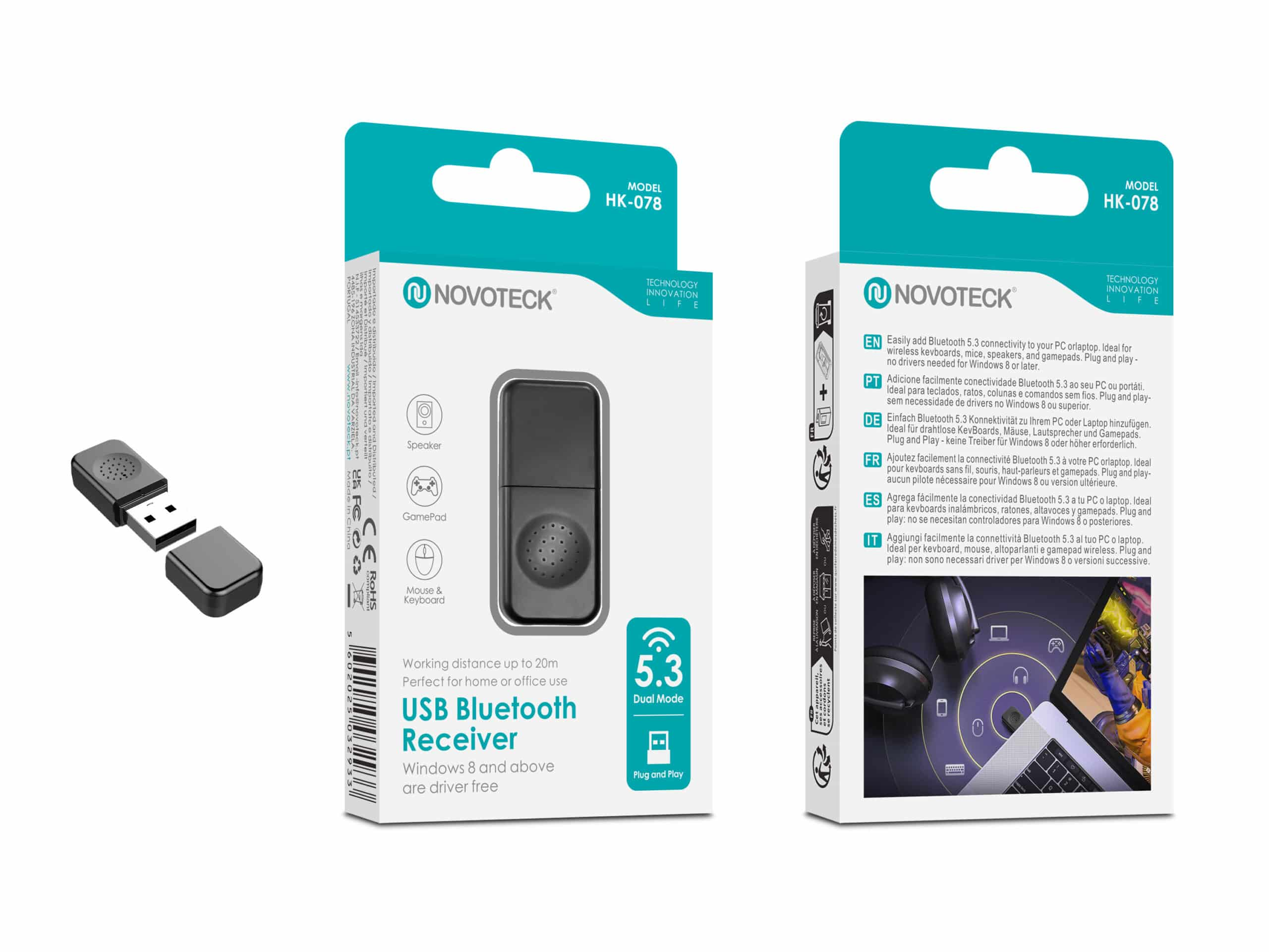 Un receptor USB Bluetooth 5.3 con accesorios y vista de laptop.