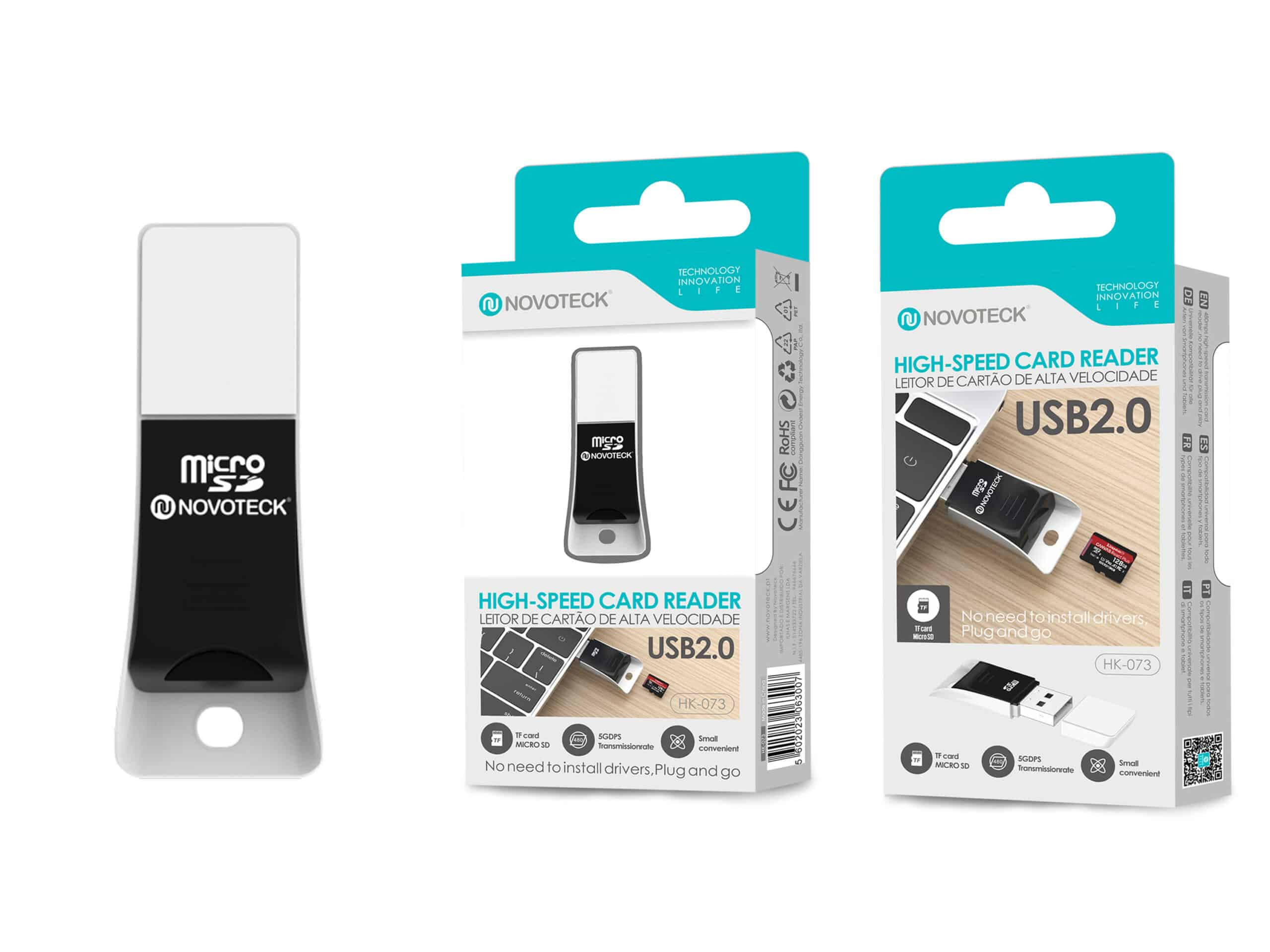 Lector de tarjetas Novoteck USB 2.0 con tarjeta Micro SD y embalaje.