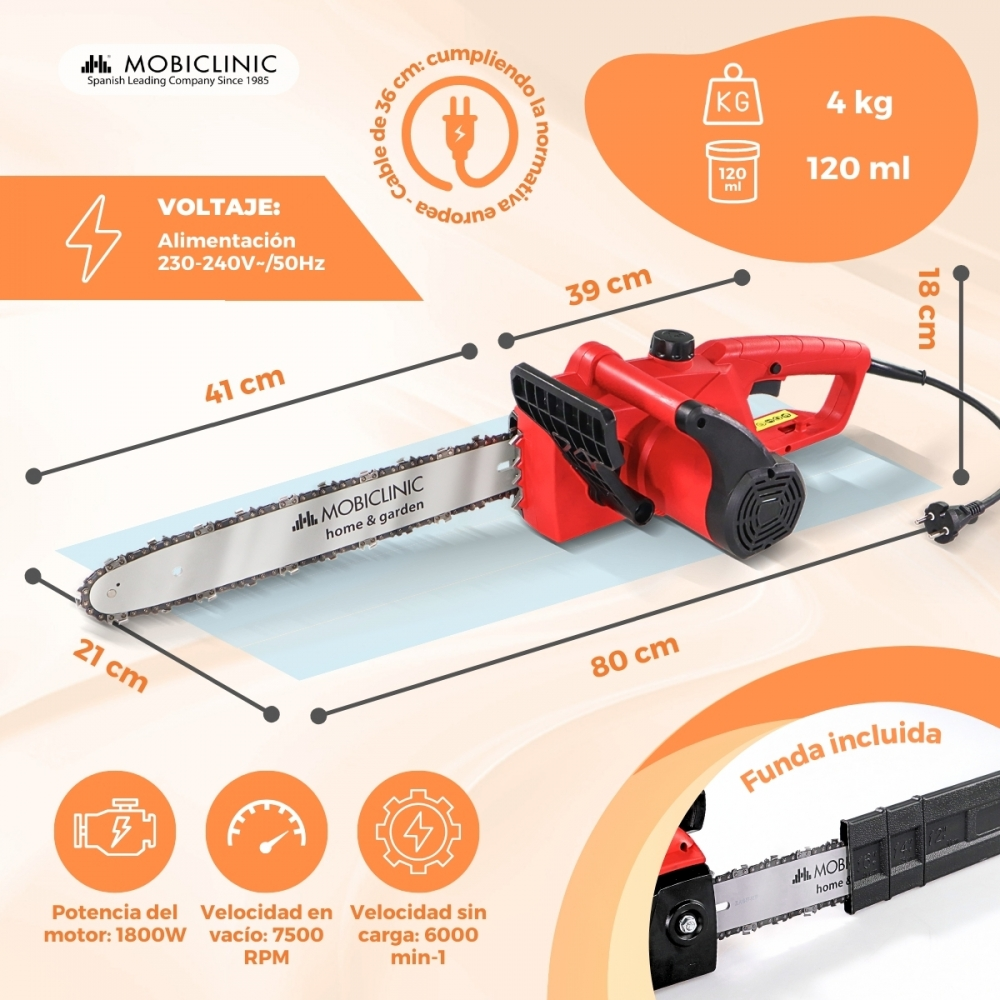 Una motosierra eléctrica roja con cadena plateada, se muestran dimensiones y especificaciones.