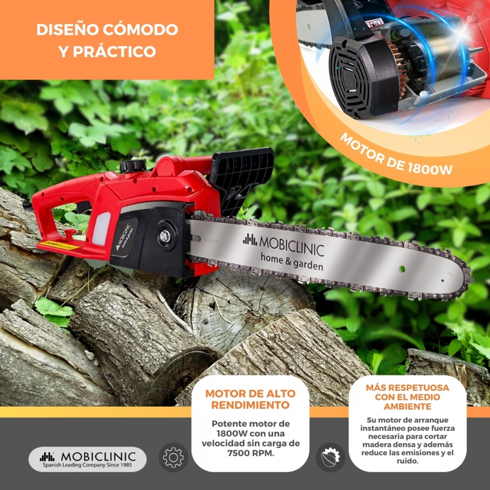 Motosierra roja sobre troncos con texto sobre potencia y ecología.