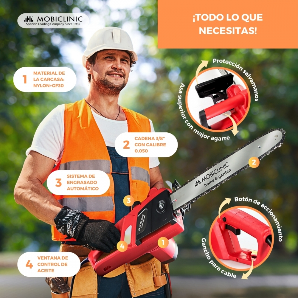 Hombre con chaleco naranja y casco sosteniendo una motosierra con etiquetas.