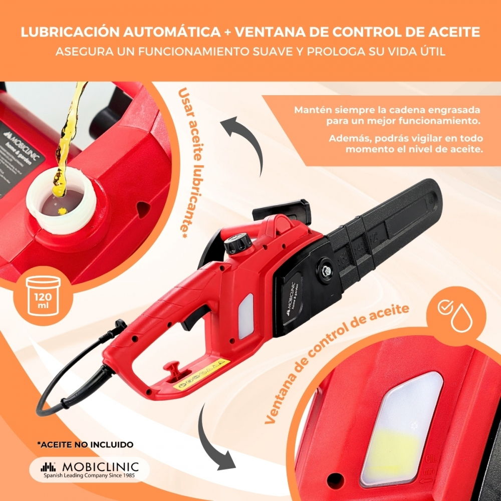Motosierra roja con lubricación automática y ventana de nivel de aceite.