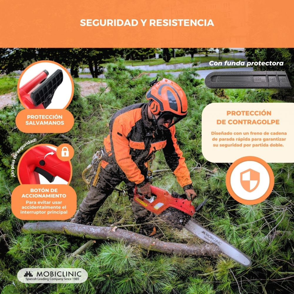 Una persona con equipo de seguridad usa una motosierra en un bosque. Primeros planos resaltan características.