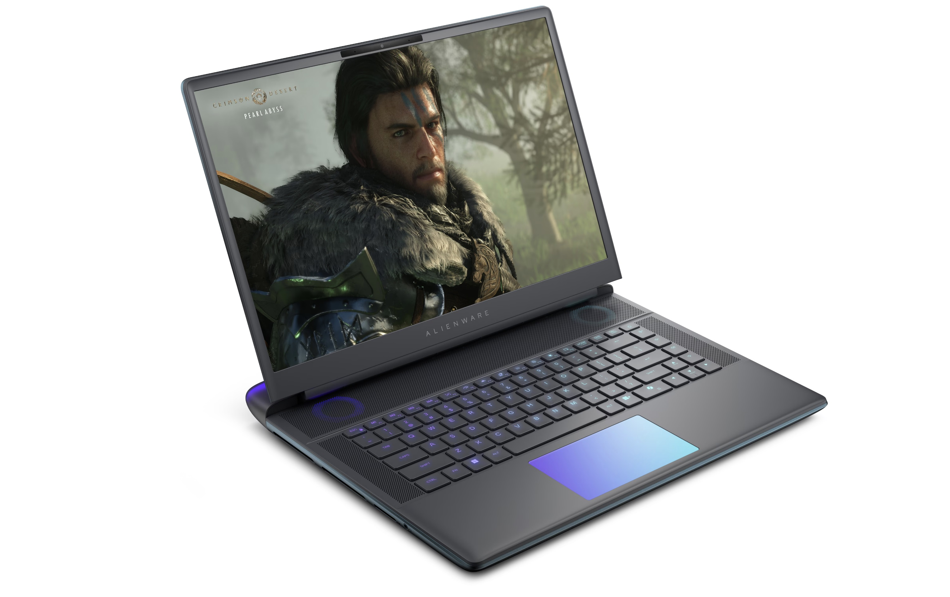 Ekranında Crimson Desert oyununu gösteren bir Alienware dizüstü bilgisayar.