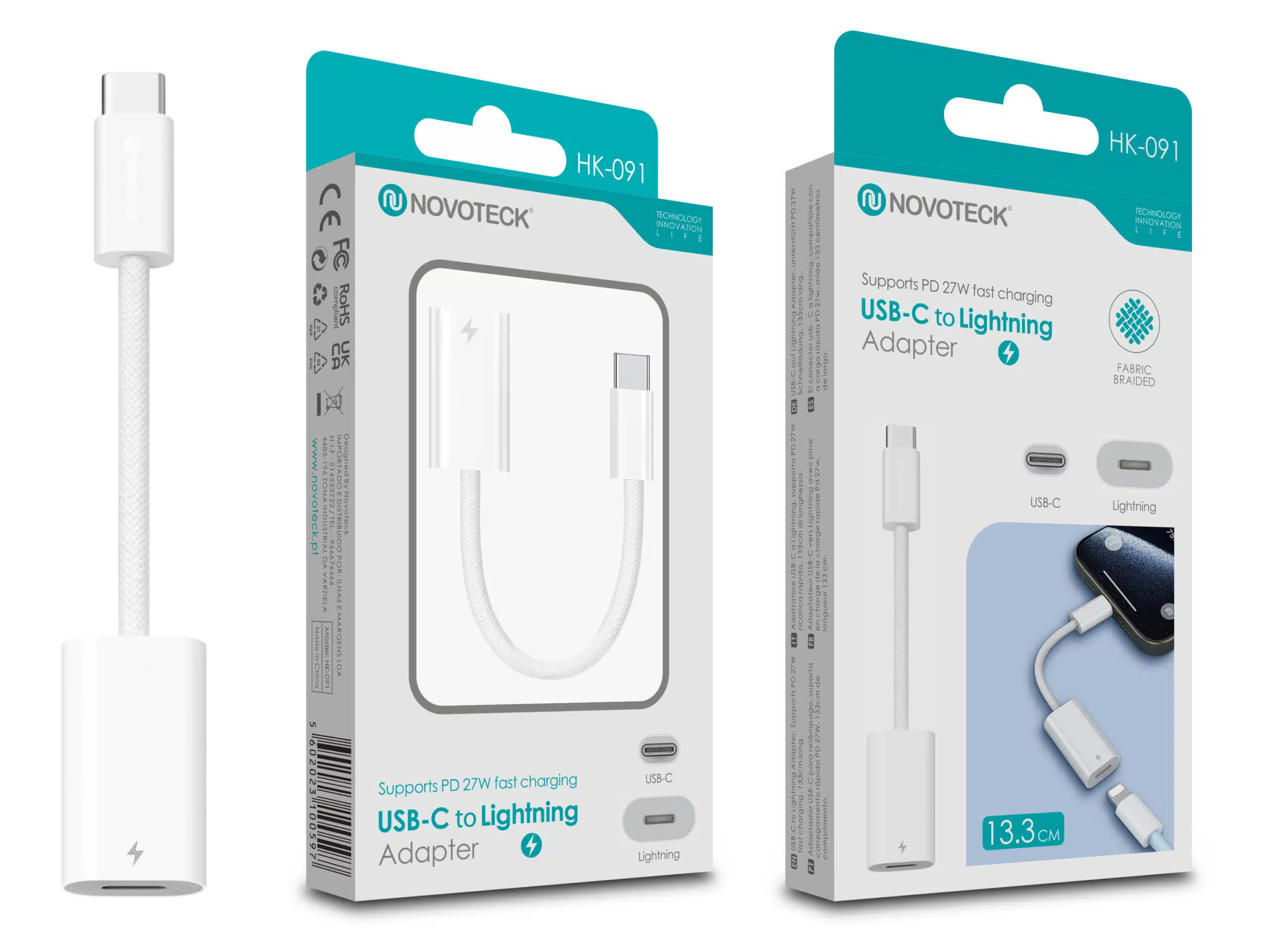 Un adaptador blanco USB-C a Lightning con cable y embalaje.
