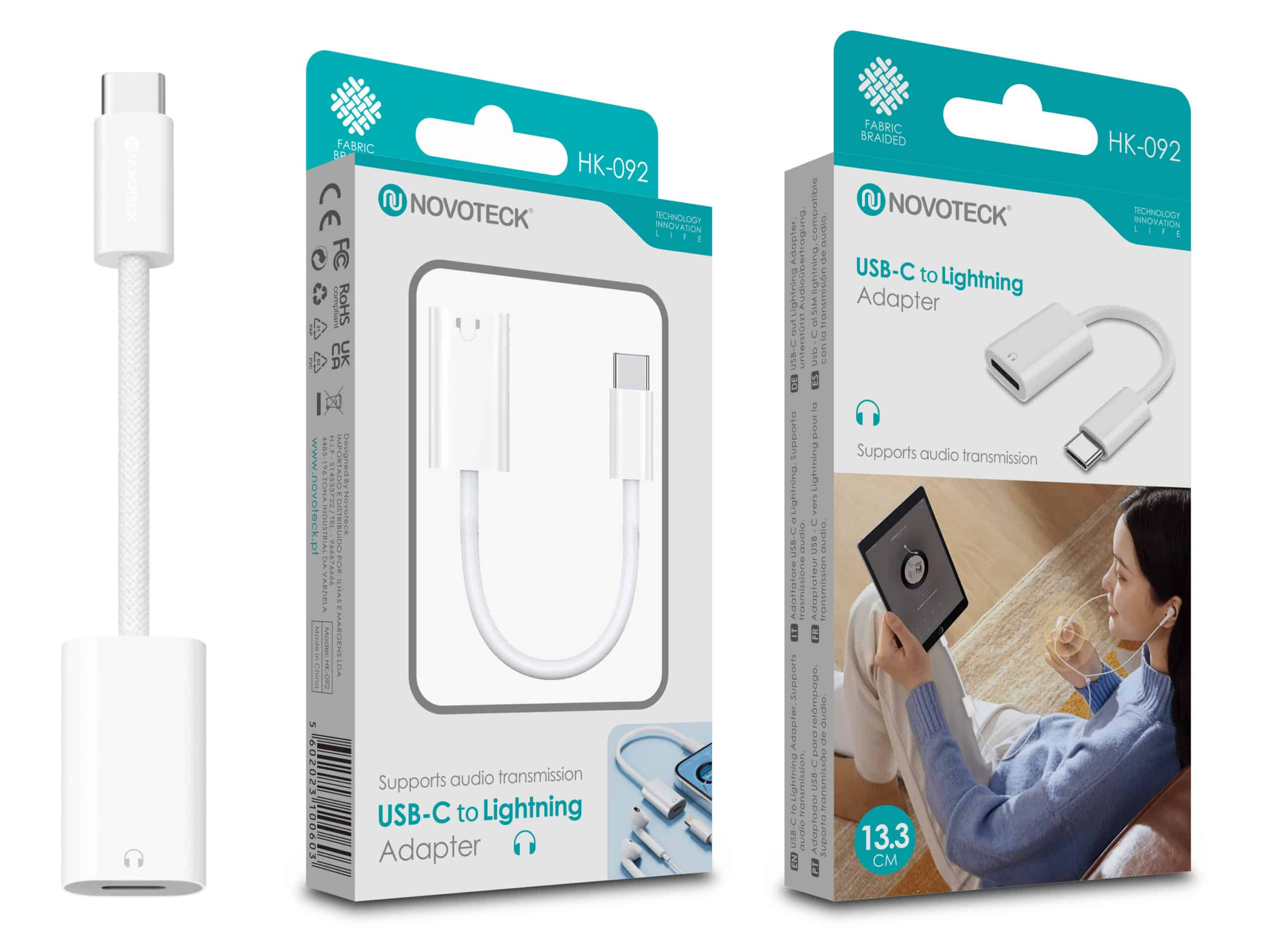 Adaptador Novoteck USB-C a Lightning con cable blanco y auriculares.