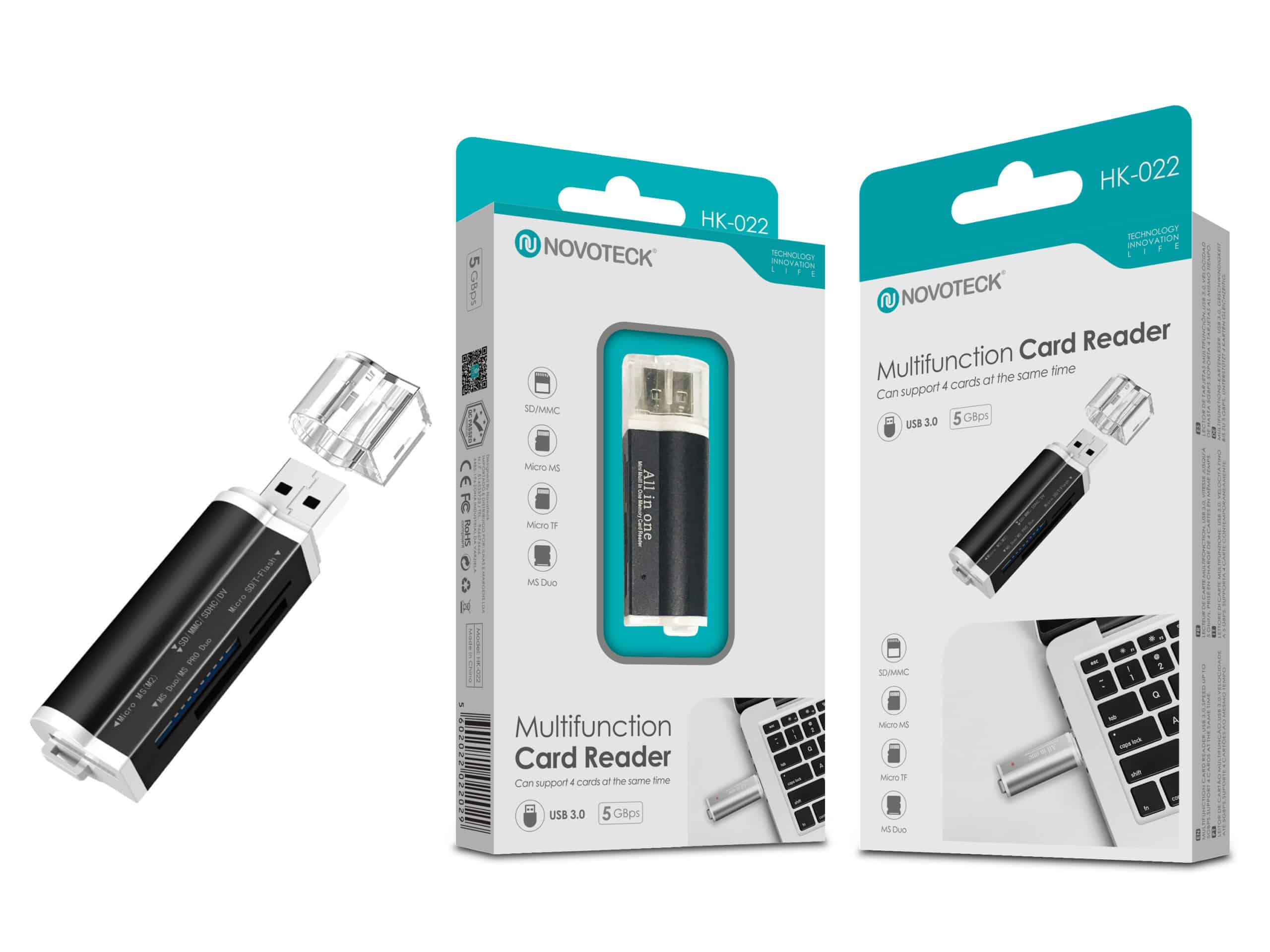 Lector de tarjetas Novonoteck, USB 3.0, 5 Gbps. Negro con conector plateado.
