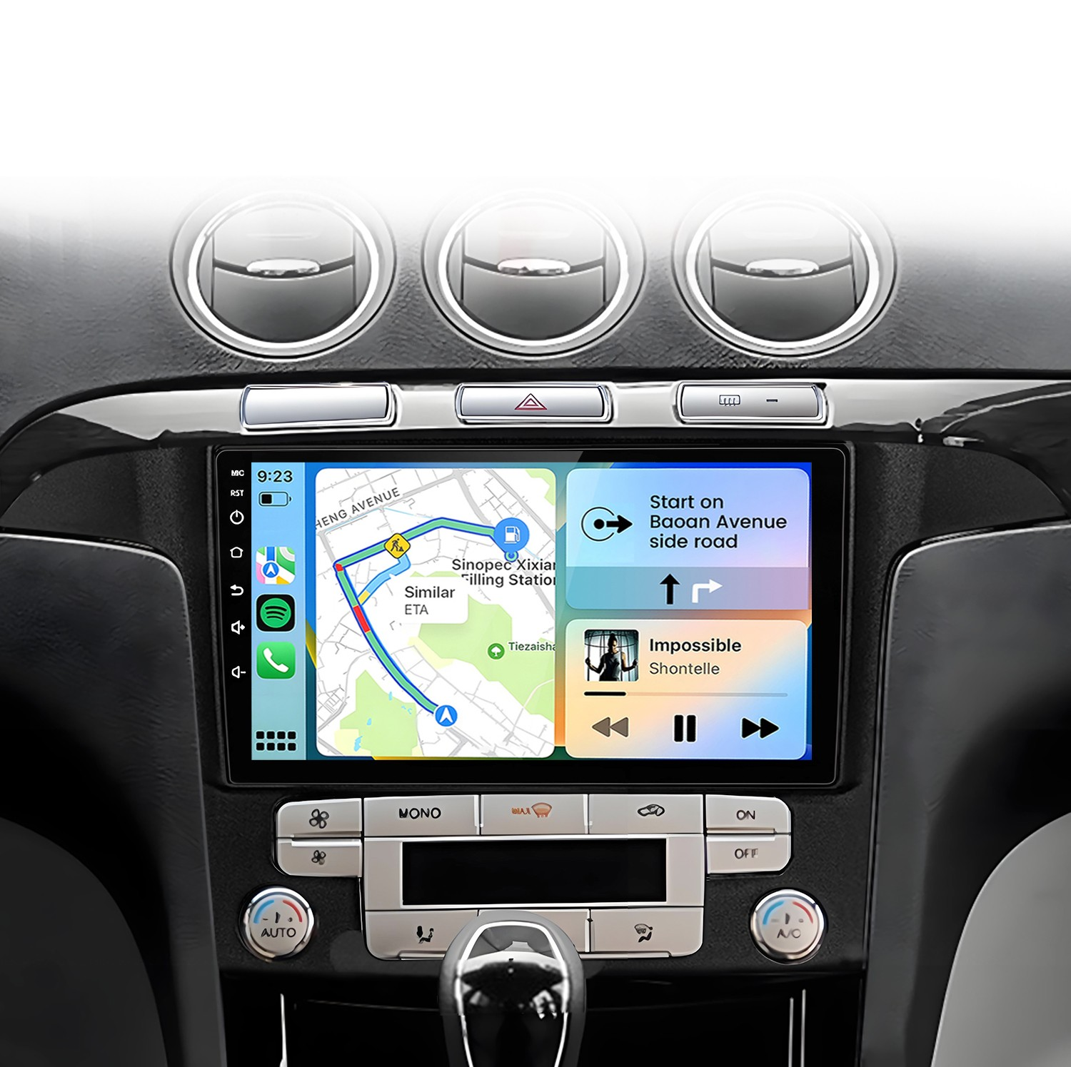 Sistema di navigazione auto con mappa e app musicali.