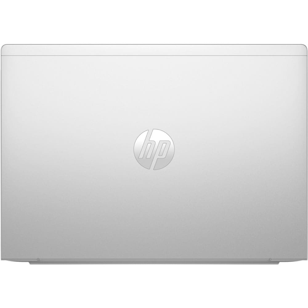 Ortasında HP logosu bulunan kapalı gümüş rengi dizüstü bilgisayar.