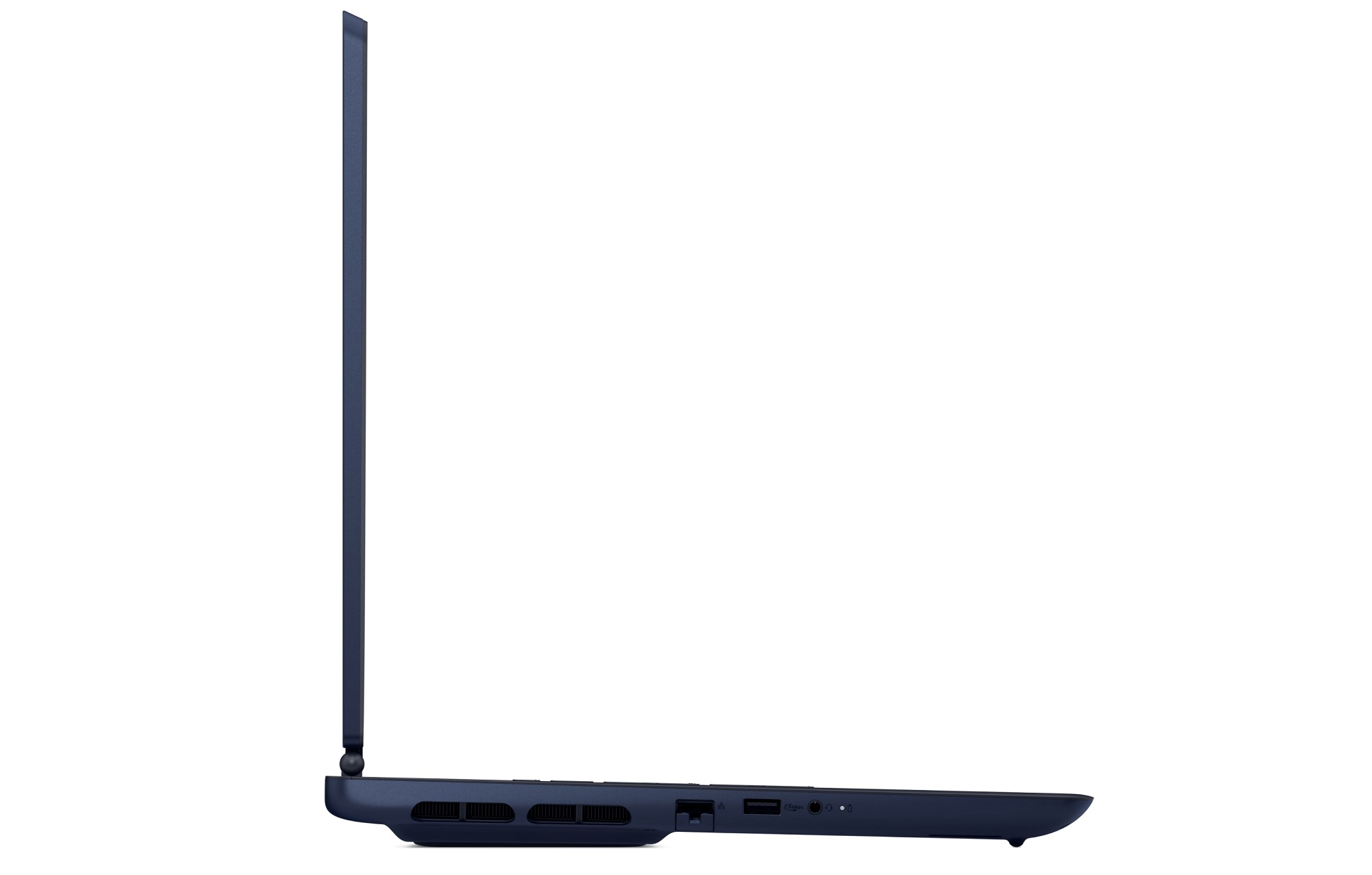Yan profilden lacivert laptop, yan taraftaki bağlantı noktaları ve havalandırma delikleri.