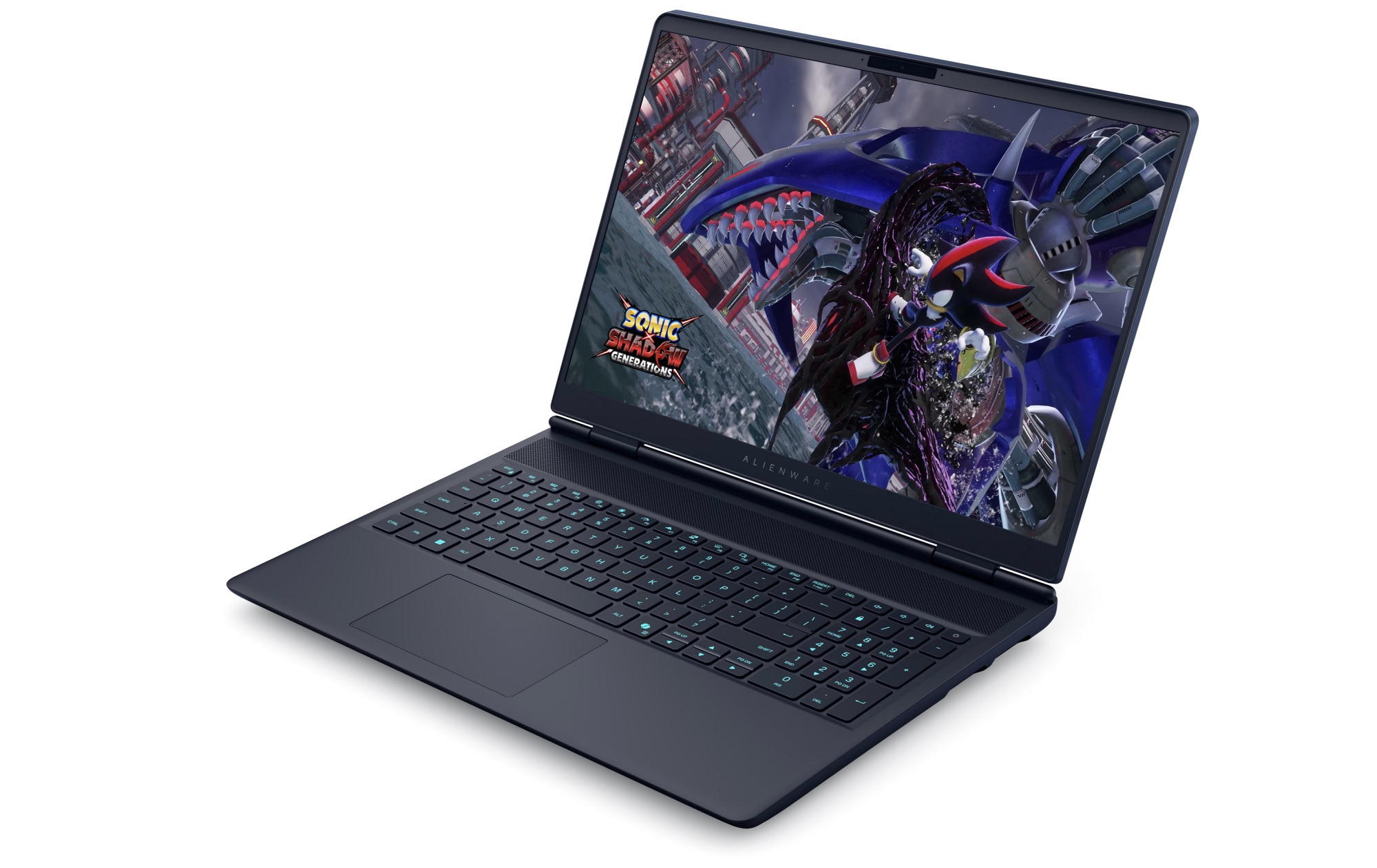 Koyu mavi Alienware dizüstü bilgisayar Sonic Shadow Generations oyununu gösteriyor. Robot düşman.