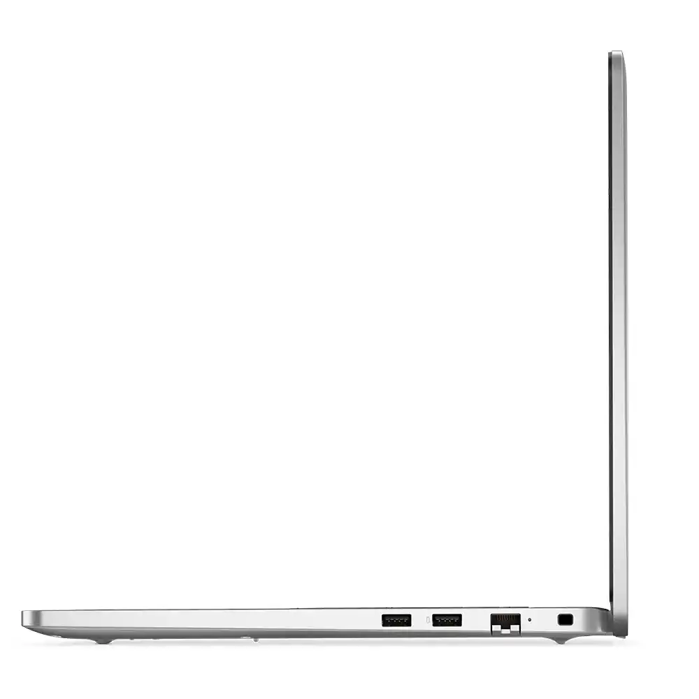 USB ve Ethernet portlarını gösteren, yan profilden gümüş rengi laptop.