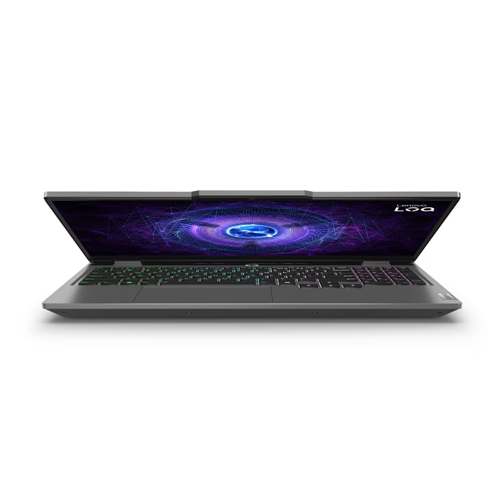 Renkli ekran koruyucu grafiği gösteren açık gri Lenovo dizüstü bilgisayar.