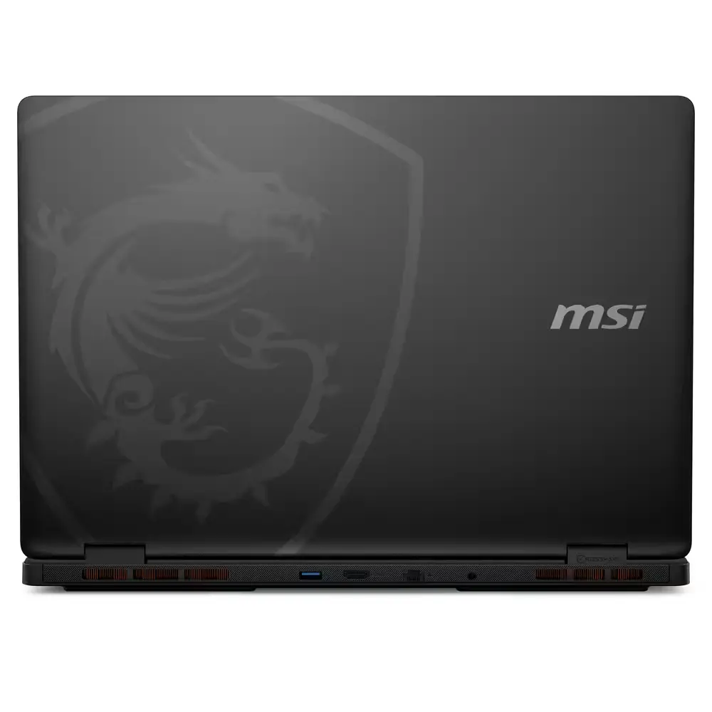 Ejderha logolu ve gümüş MSI yazılı siyah MSI dizüstü bilgisayar.