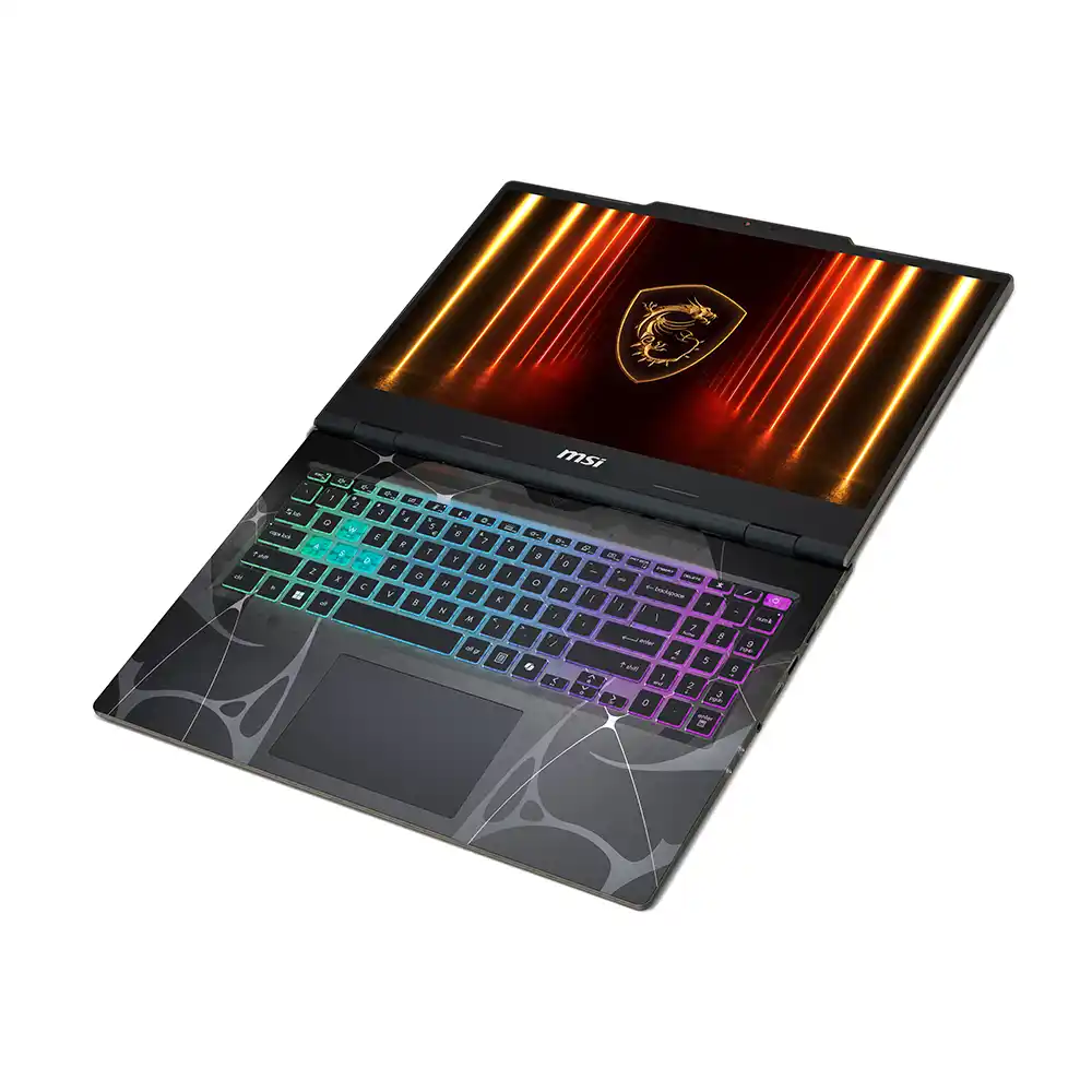 Arkadan aydınlatmalı klavyeli ve ekranda ejderha logolu açık bir MSI dizüstü bilgisayar.