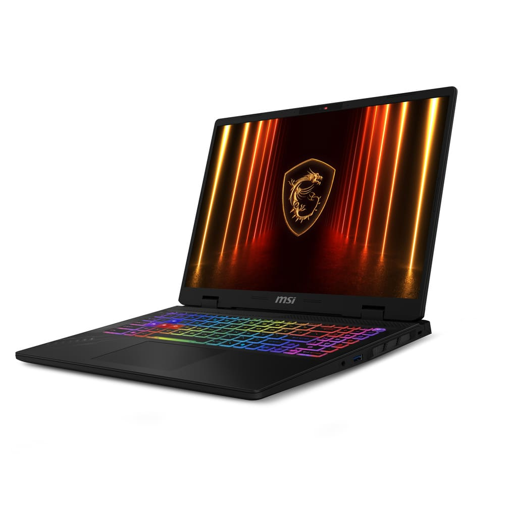 Renkli klavyeli ve ekranda MSI logosu olan siyah MSI dizüstü bilgisayar.