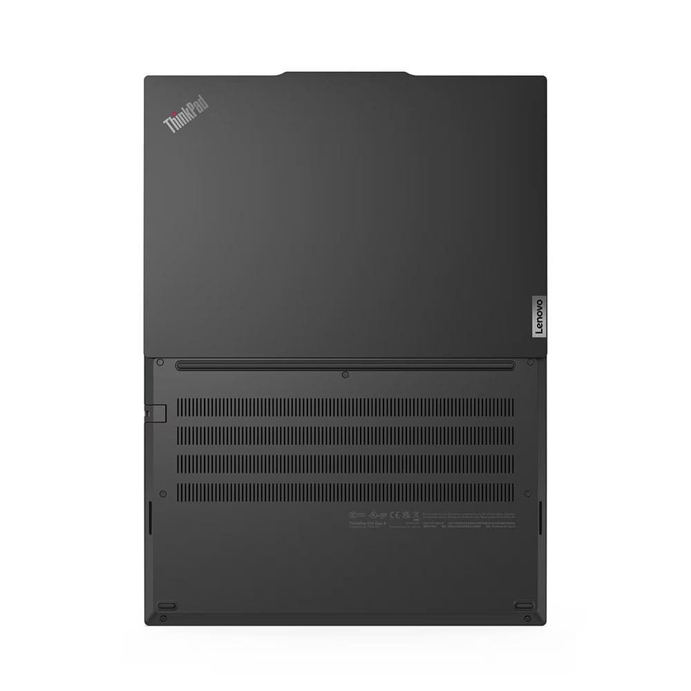 Kapalı siyah Lenovo ThinkPad dizüstü bilgisayar, havalandırma ızgaraları ve logolar.
