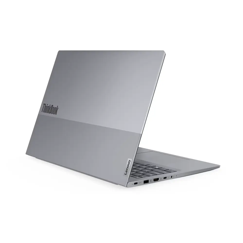 Gümüş rengi Lenovo ThinkBook dizüstü bilgisayar, açık ekran ve klavye.
