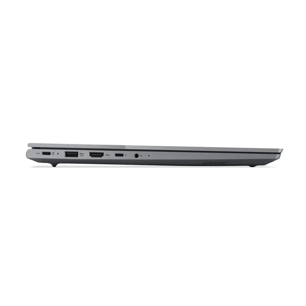 Gri laptop profili, bağlantı noktaları: USB-C, HDMI, kulaklık.