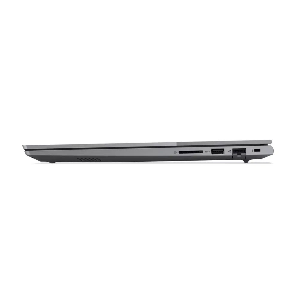 Gri dizüstü bilgisayarın yan tarafında SD kart yuvası, USB-SS portu ve ses jakı.
