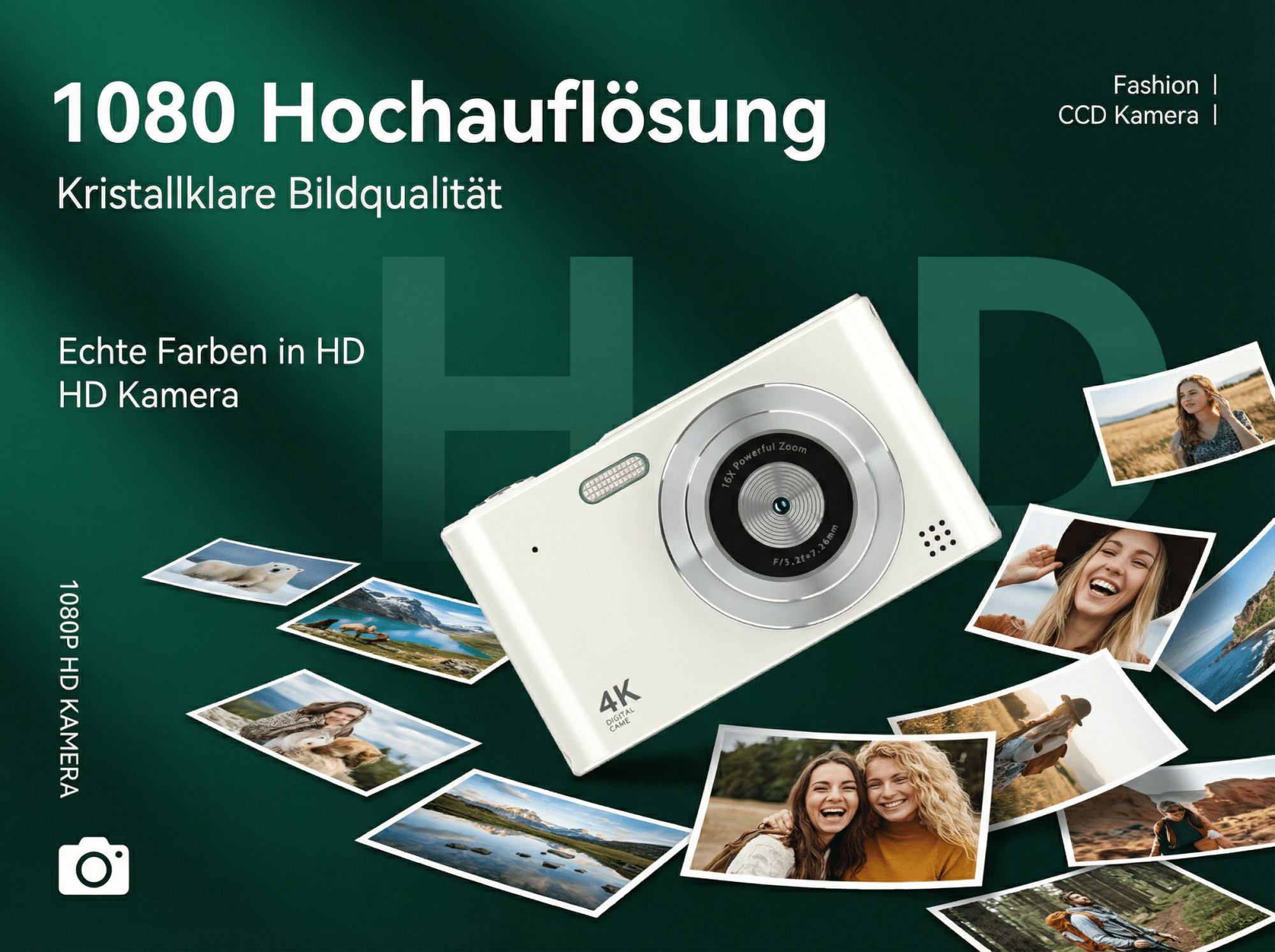 Eine weiße Digitalkamera mit Fotos von Landschaften und Personen.