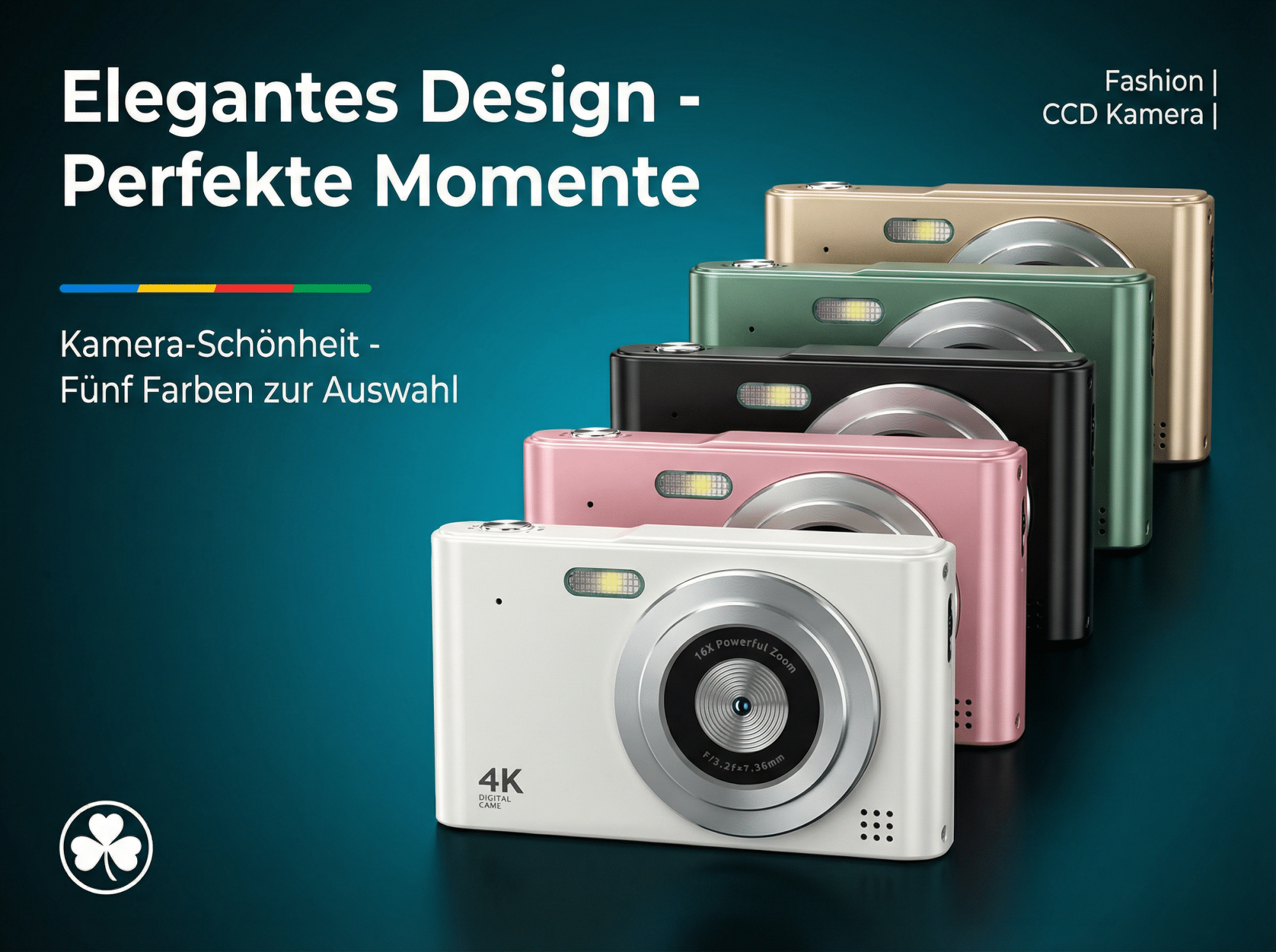 Fünf Digitalkameras in Weiß, Rosa, Schwarz, Grün und Gold sind nebeneinander aufgereiht.