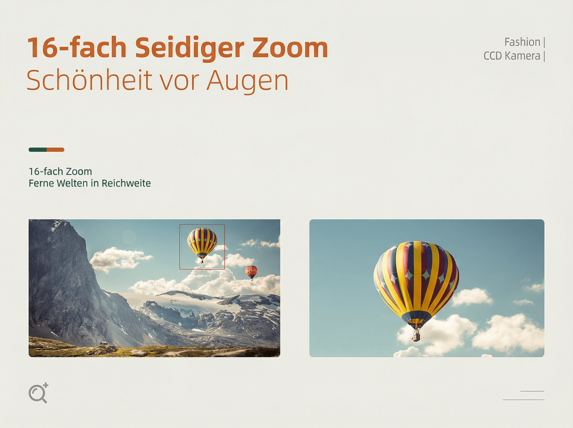 Ein gelb-roter Heißluftballon fliegt über schneebedeckte Berge.