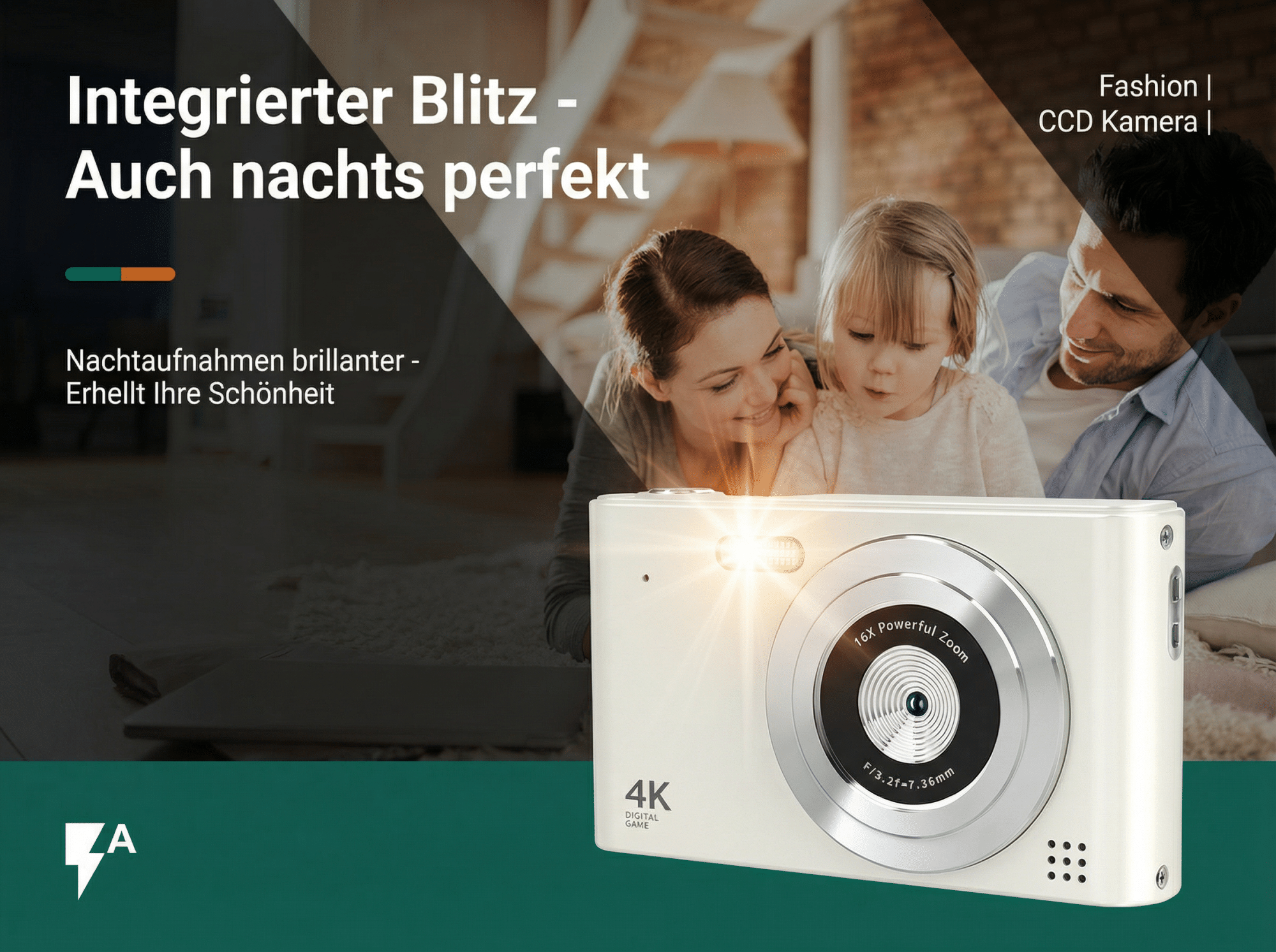 Eine weiße Digitalkamera mit Blitz, Familie im Hintergrund.