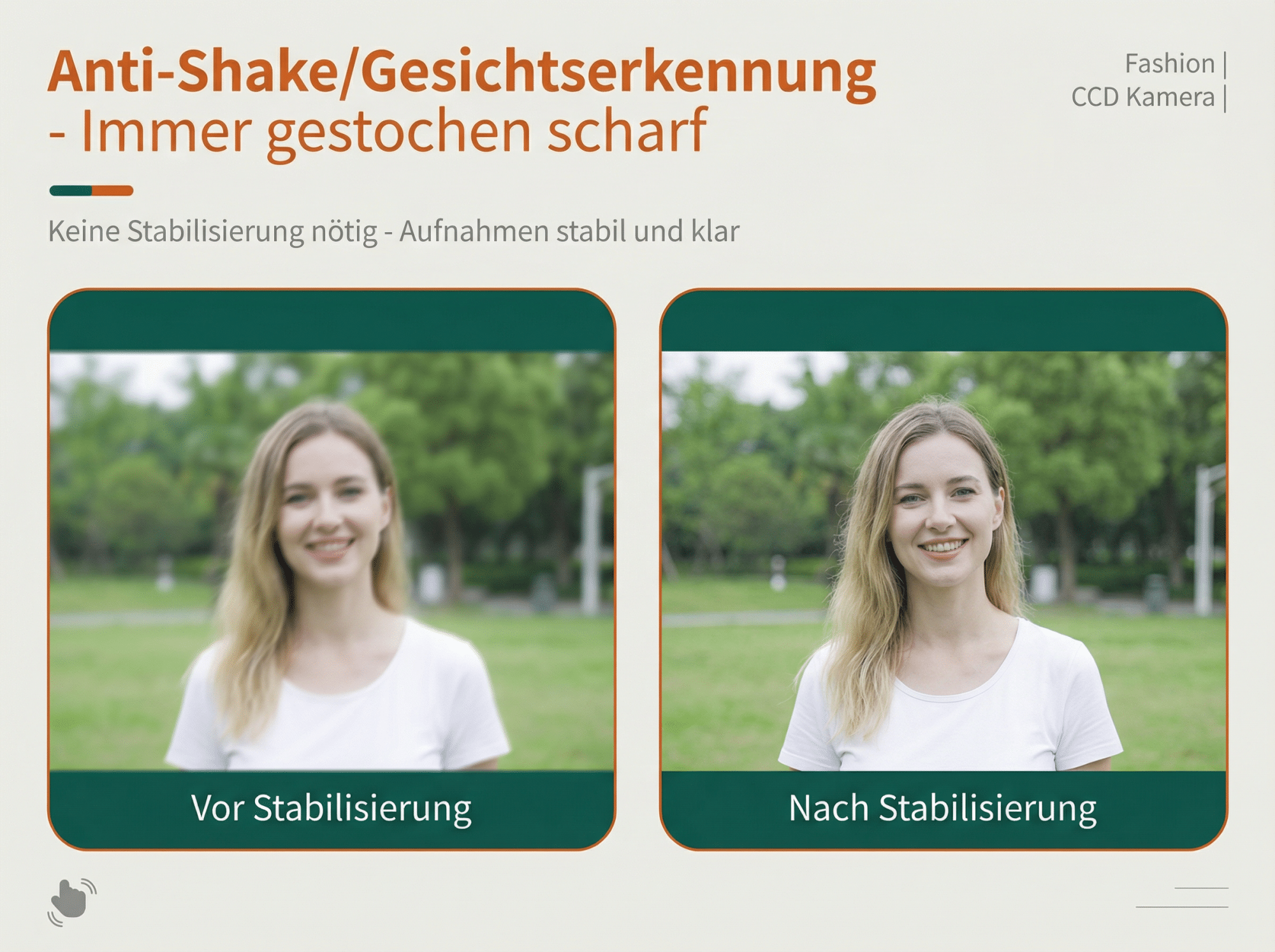 Zwei Bilder einer Frau: Links unscharf, rechts scharf. Anti-Shake Effekt.