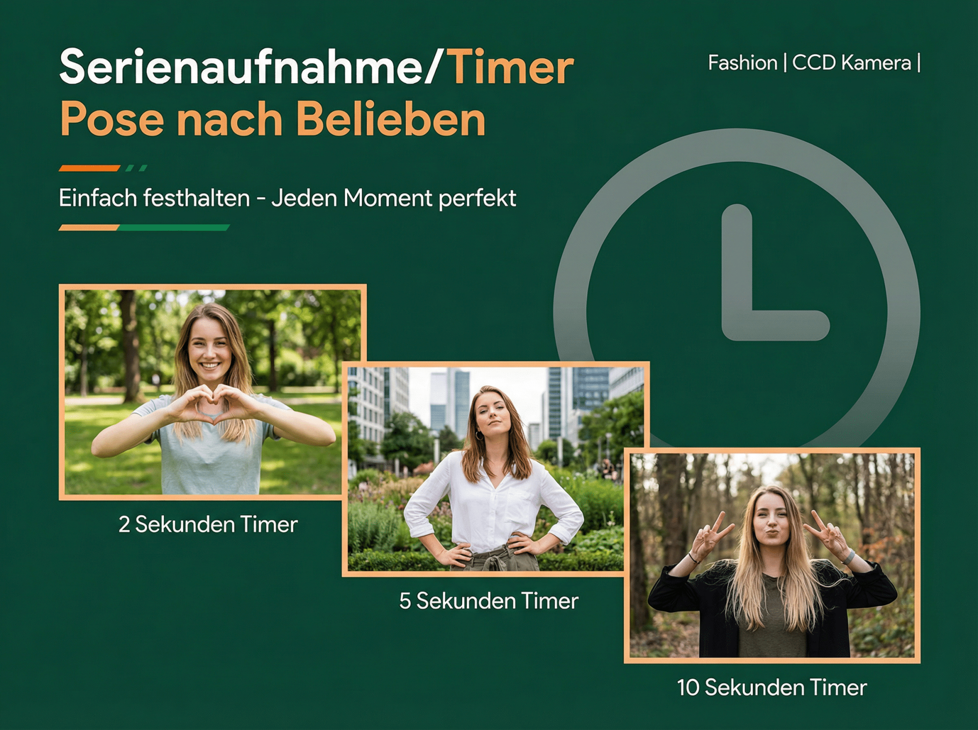 Drei Frauen posieren für Fotos mit Timern: 2, 5 und 10 Sekunden.