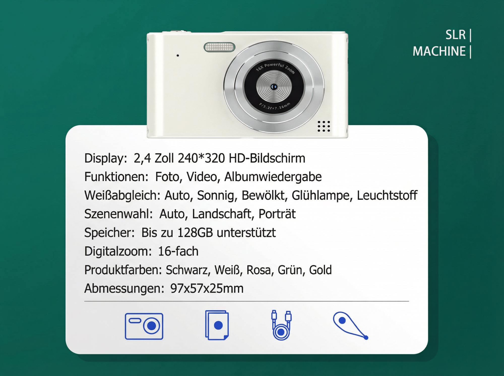 Eine weiße Digitalkamera mit Zoomobjektiv und Display-Specs.